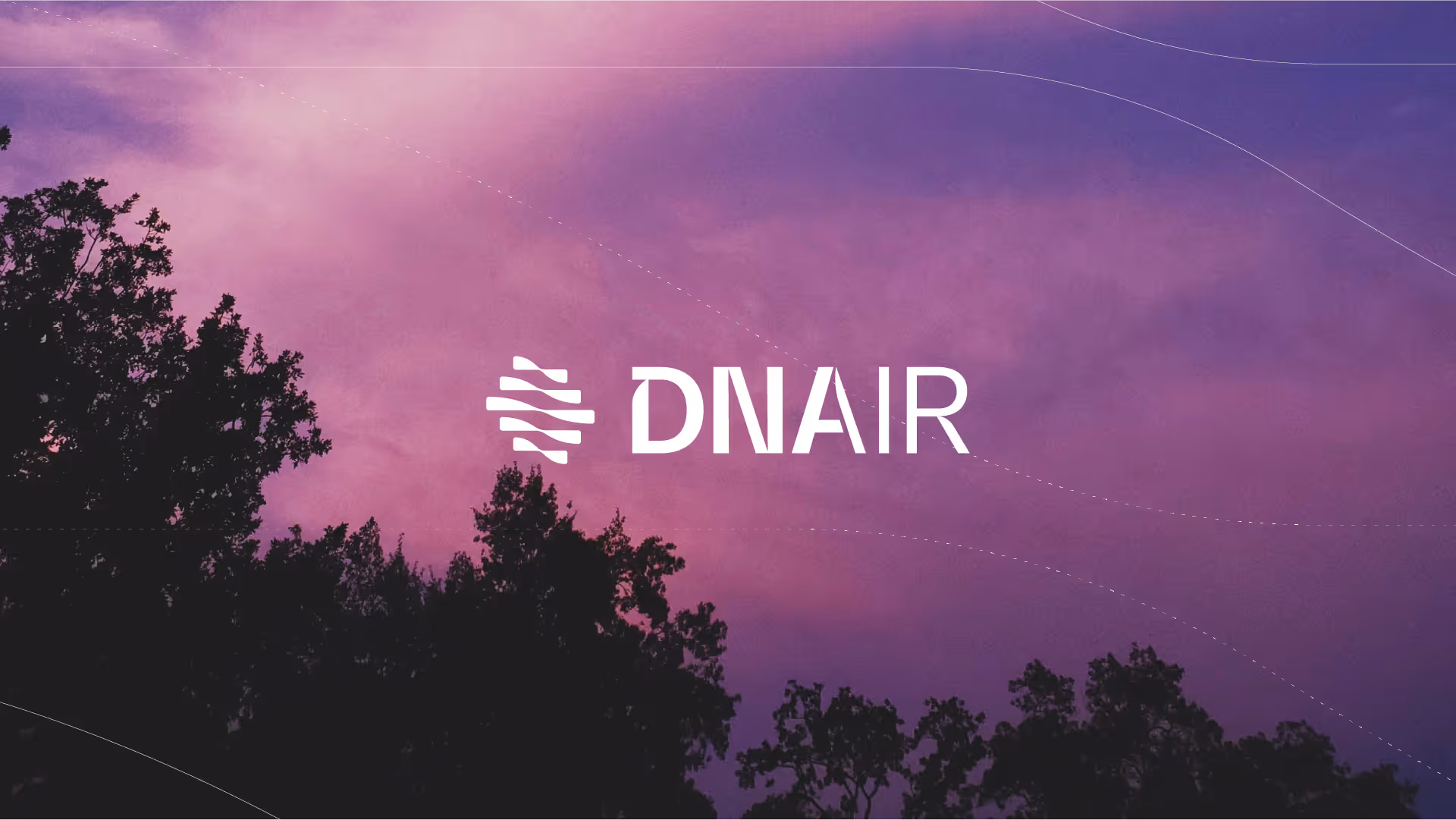 The DNAir logo is in the foreground. A beautiful purple sunset with dark trees are in the background.