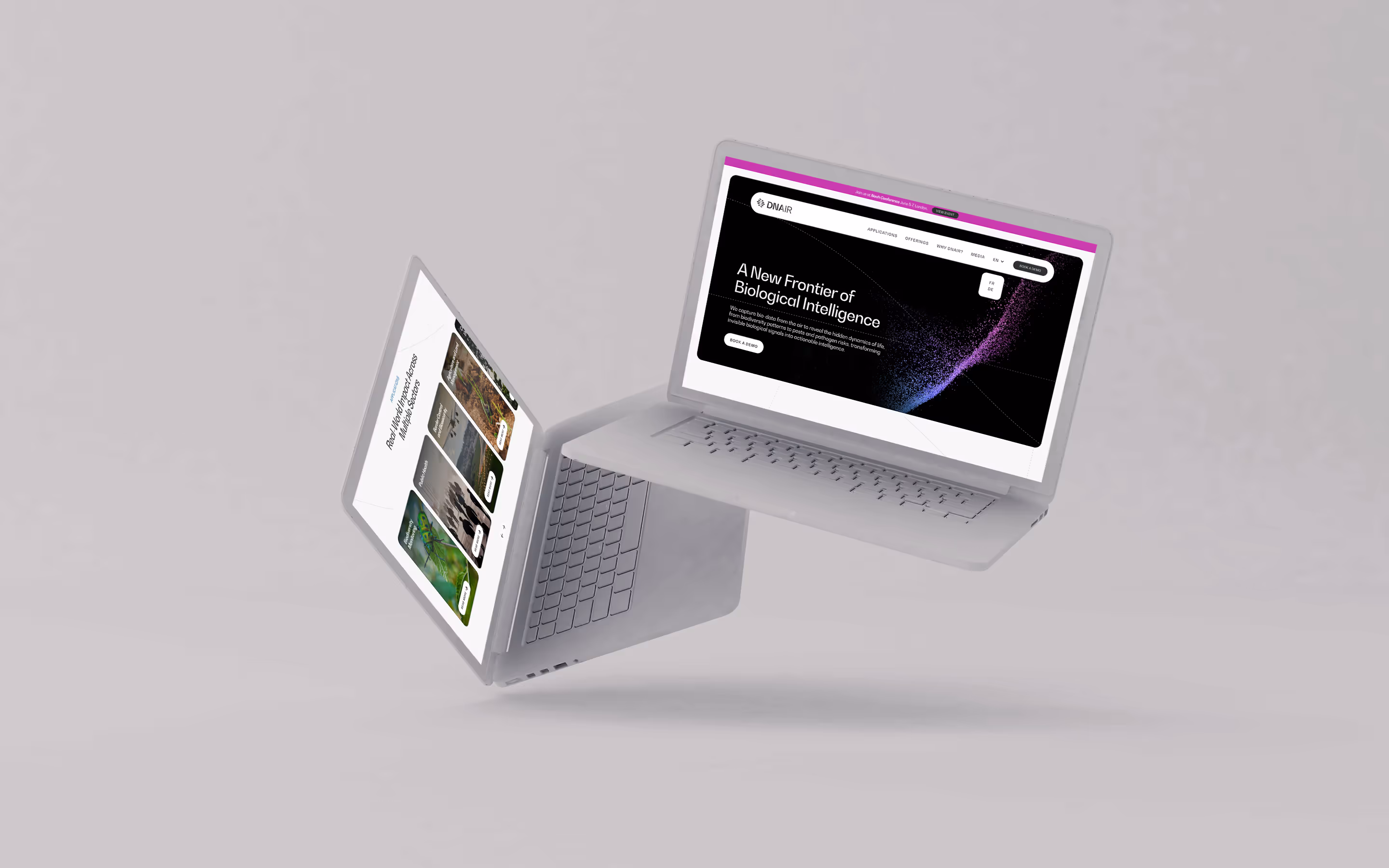 Two laptops are floating. On the screens are two sections from the DNAir website.