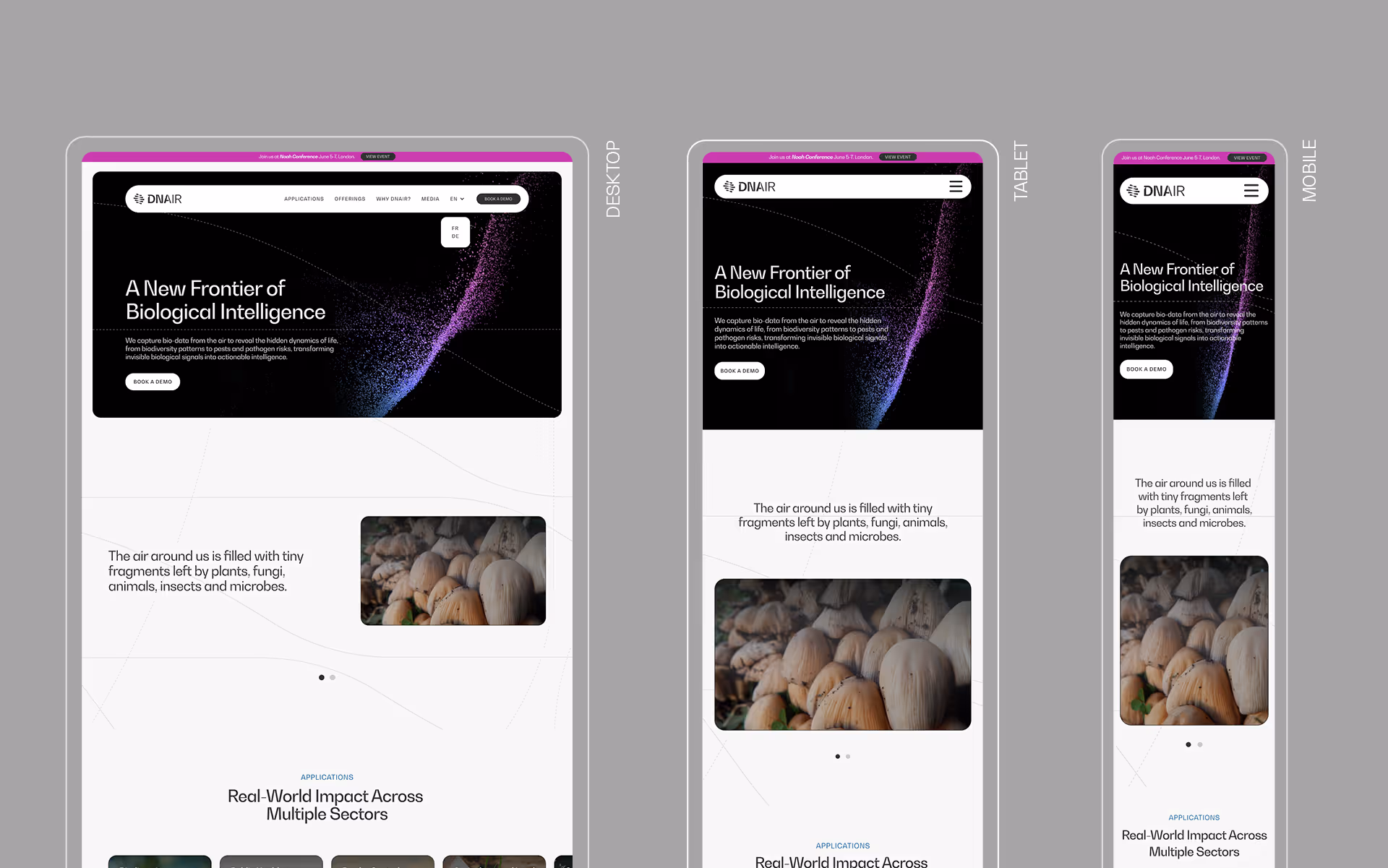 Desktop, Tablet and Mobile versions of the DNAir landing page.
