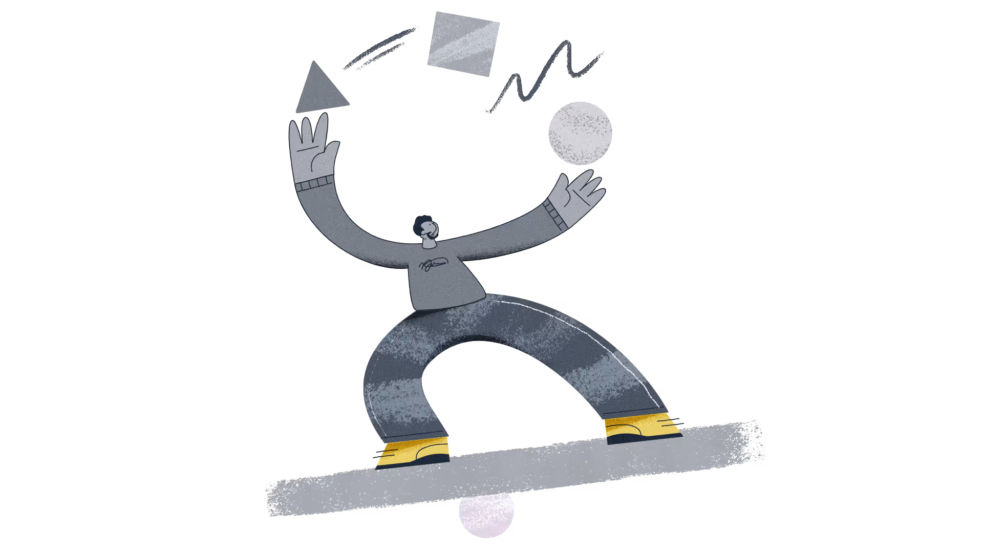 An illustration of a man juggling different shapes, balancing on a block, while that block is balancing on a ball.