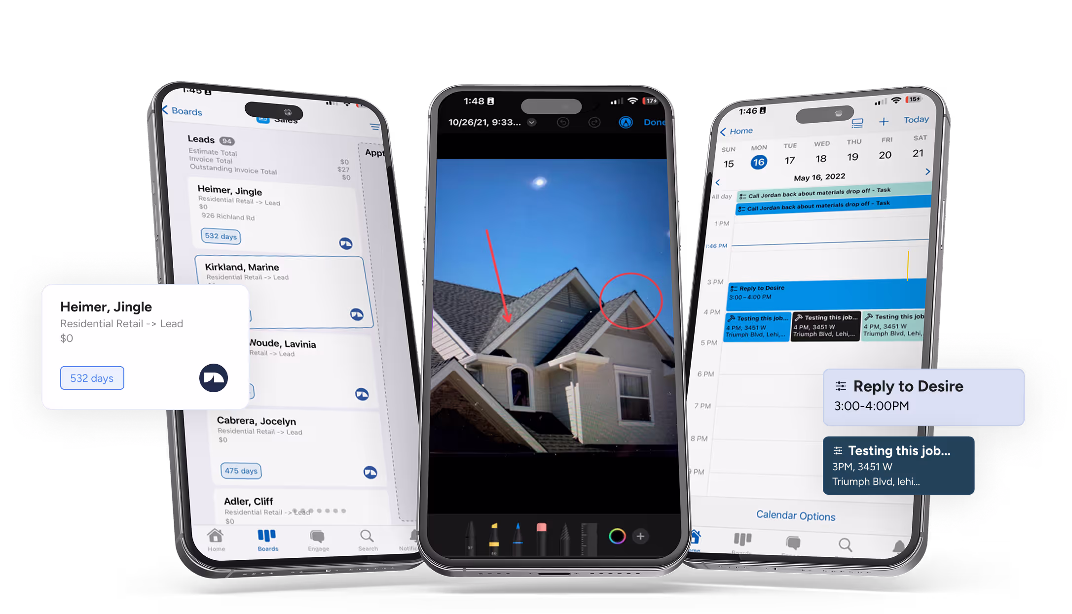 A set of three smartphones displaying different features of the JobNimbus mobile app. The left phone shows a sales board with leads, the middle phone displays a photo of a roof with annotations, and the right phone shows the calendar with scheduled tasks and appointments, including a task labeled "Reply to Desire."