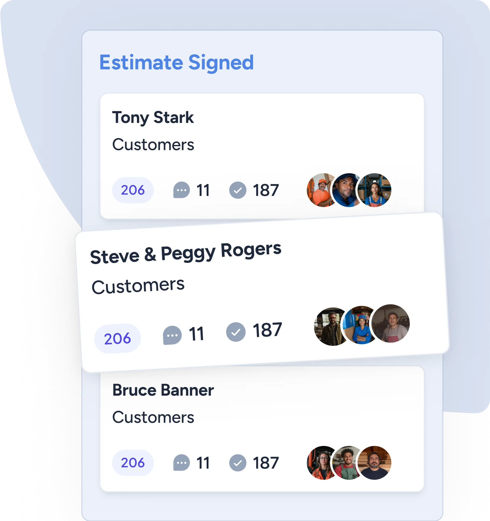 A user interface displaying incoming job cards for "Tinker Ager" under the "Customers" section. Each card shows a profile picture with a badge indicating 206 new messages, 11 interactions, and 187 total notifications. The cards are stacked with similar details and indicate pending communication or actions.