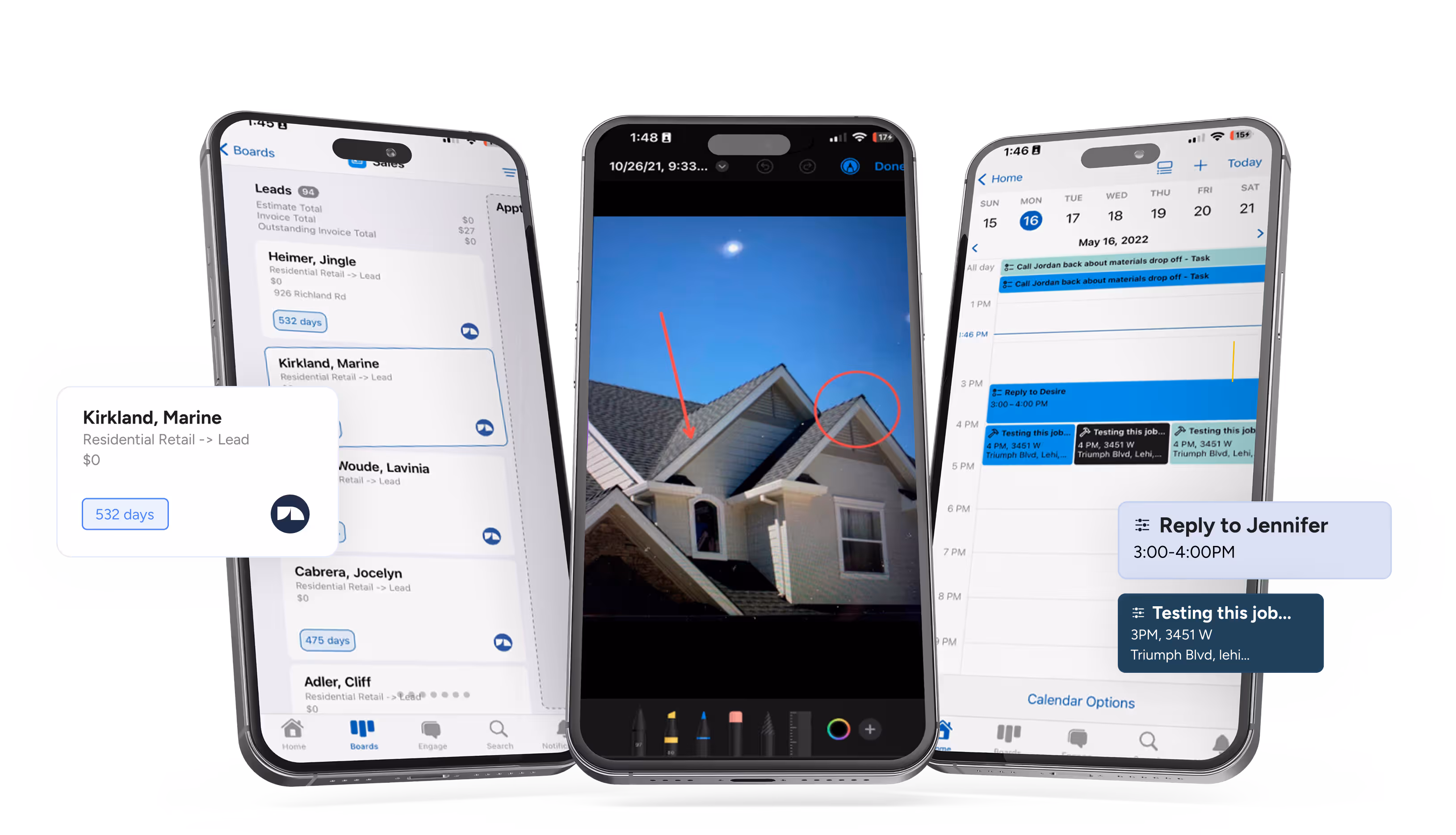 A set of three smartphones showing different features of the JobNimbus mobile app. The left phone displays a sales board with leads, the middle phone shows a photo of a roof with annotations, and the right phone shows the calendar with scheduled tasks and appointments, including a task labeled "Reply to Desire."