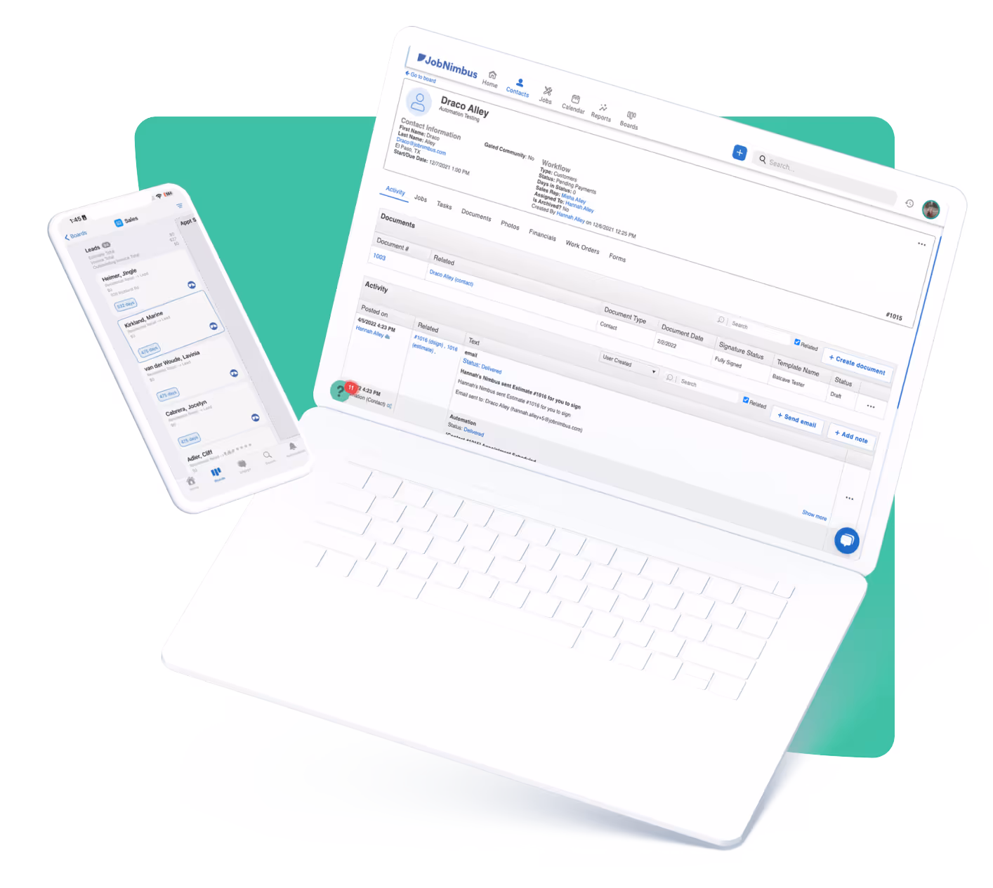 A laptop and smartphone displaying the JobNimbus platform. The laptop shows a contact details page for "Draco Alley" with options for documents, tasks, and related information. The smartphone on the left shows a list of leads. Both devices highlight different aspects of managing client information within the platform.