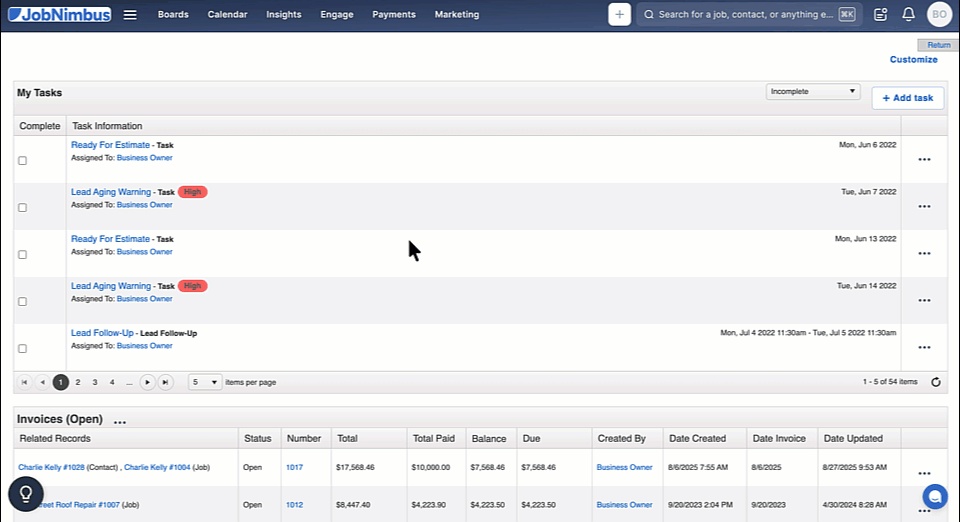 A screenshot of the JobNimbus interface showing the "Jobs" section. The left sidebar includes options for Dashboard, Contacts, Jobs, Calendar, Documents, Reports, and Help. The main area displays a list of jobs with their names, such as "1281 Kerry Way" and "Dr. Kauff 2," along with job types like "Inspection Assignment" and "Small."