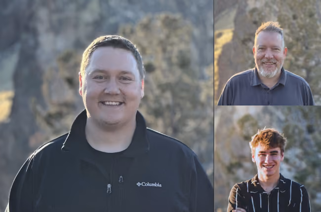 Portraits of three men smiling outdoors with a natural landscape background.