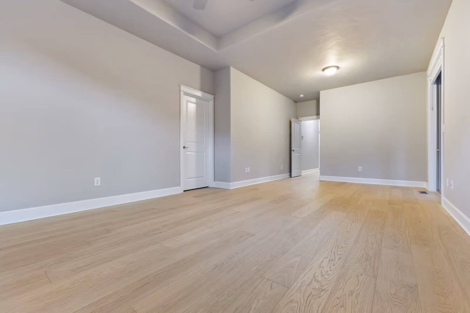 Empty room with light wood flooring, gray walls, white trim, two closed white doors, one open door, and ceiling light.