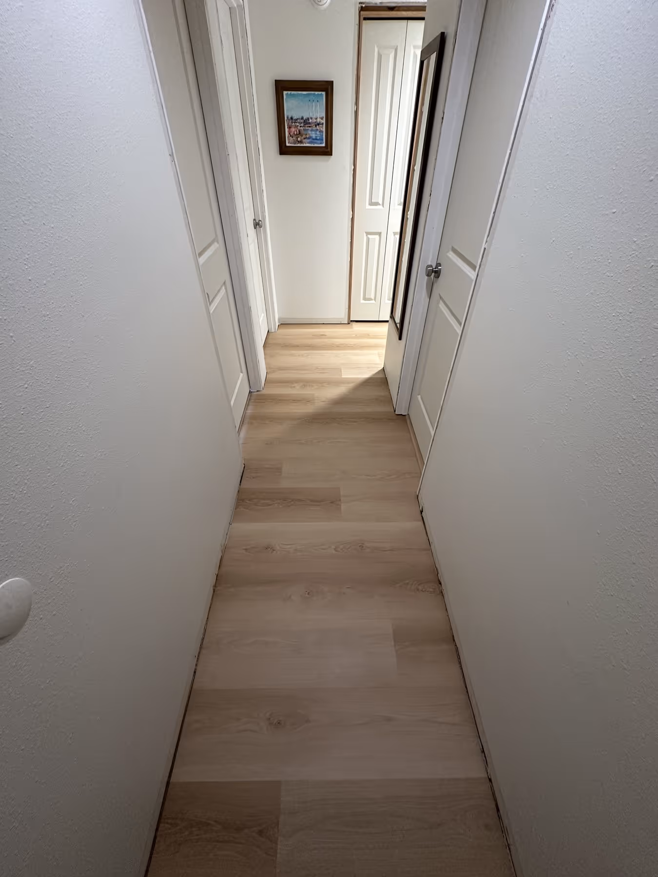 Narrow hallway with light wooden flooring, white walls, several white doors, a wall mirror, and a framed picture at the end.