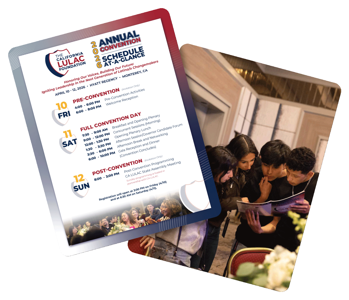 Four young adults closely reading a program booklet at a convention with an overlaid schedule for the 2026 California LULAC Foundation Annual Convention.