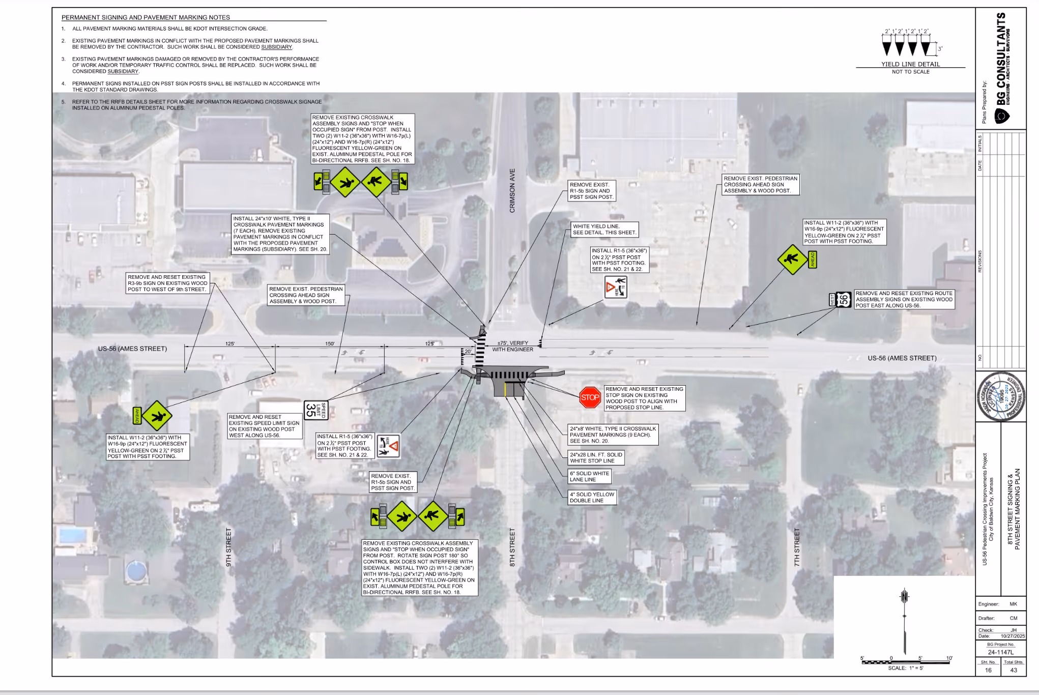 Engineering plans for a crosswalk across Ames/Highway 56 at 8th Street showing precise signage placement and updates.
