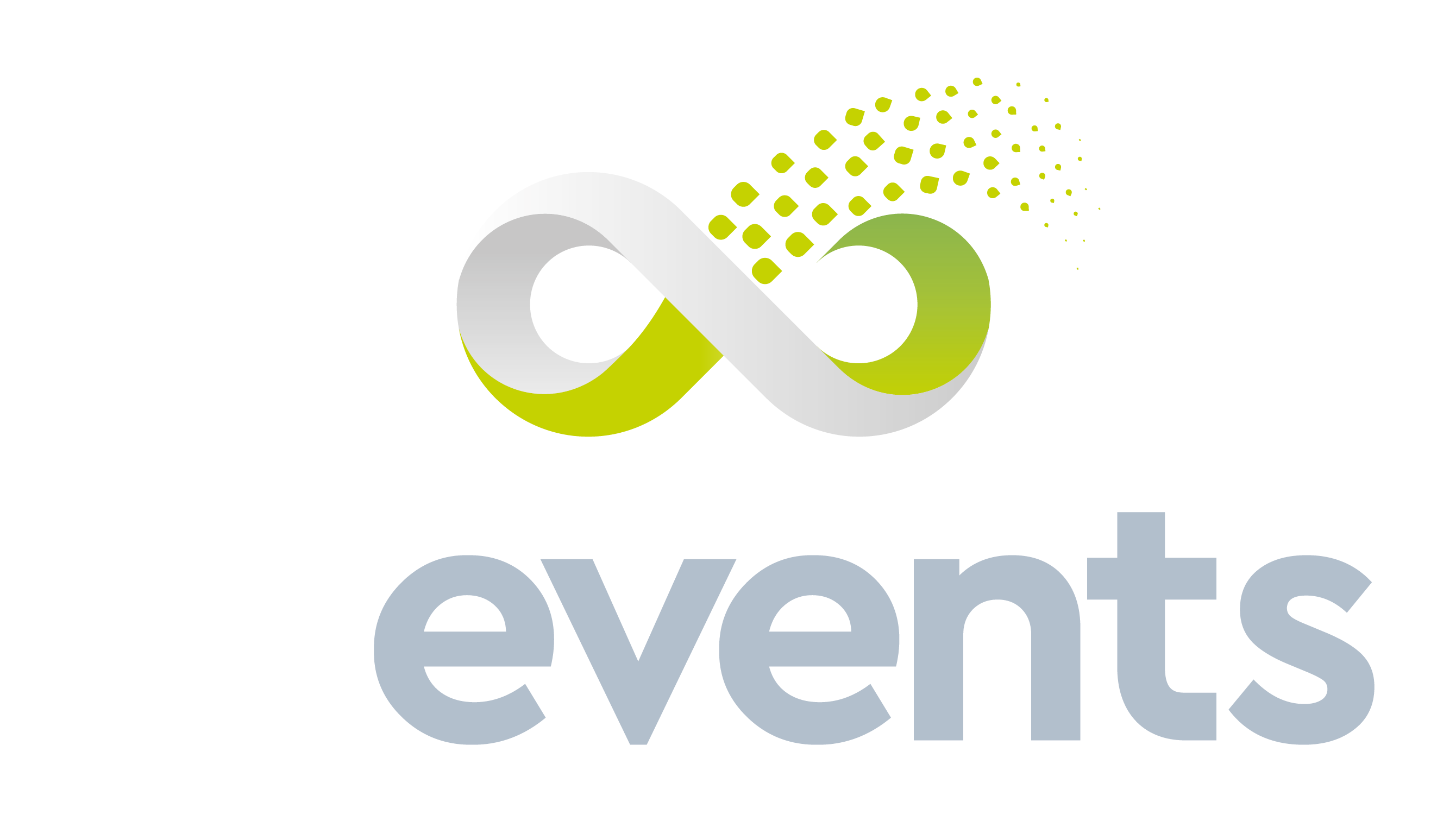 Logo with a white and green infinity symbol above the text 'tkevents' in white and gray letters on a black background.