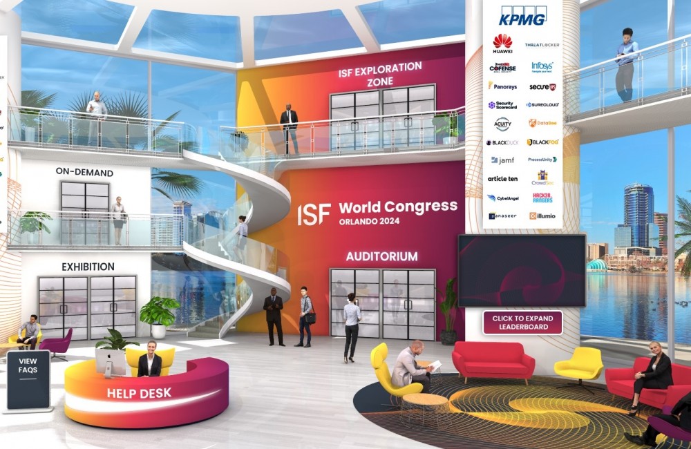 Virtual conference lobby for ISF World Congress Orlando 2024 with help desk, exhibition, on-demand, ISF exploration zone, auditorium, sponsor logos, seating area, and spiral staircase.