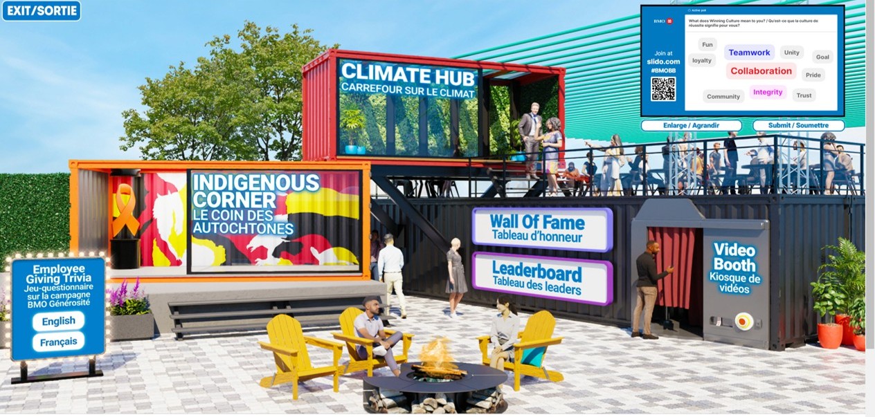 Virtual event space with Indigenous Corner, Climate Hub, Wall of Fame, Leaderboard, and Video Booth areas along with people interacting and a firepit with chairs.