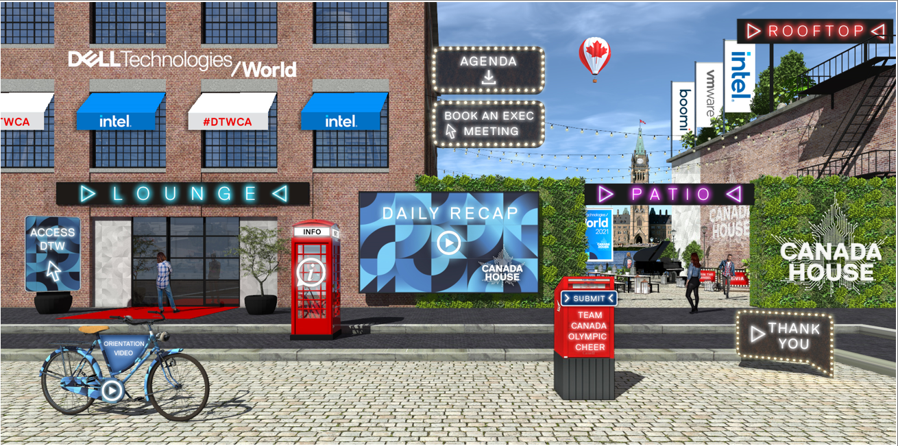 Virtual event venue with Dell Technologies World branding, Intel logos, a patio area, Canada House sign, a bicycle with orientation video, and interactive panels for agenda, booking meetings, and daily recap.