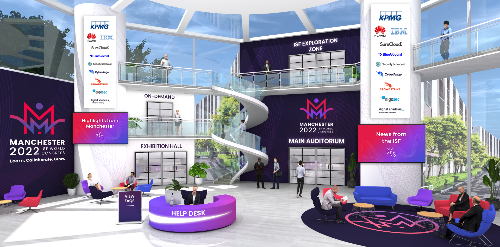 Bright modern atrium with spiral staircase, help desk, seating areas, and banners for Manchester 2022 ISF World Congress with sponsor logos.