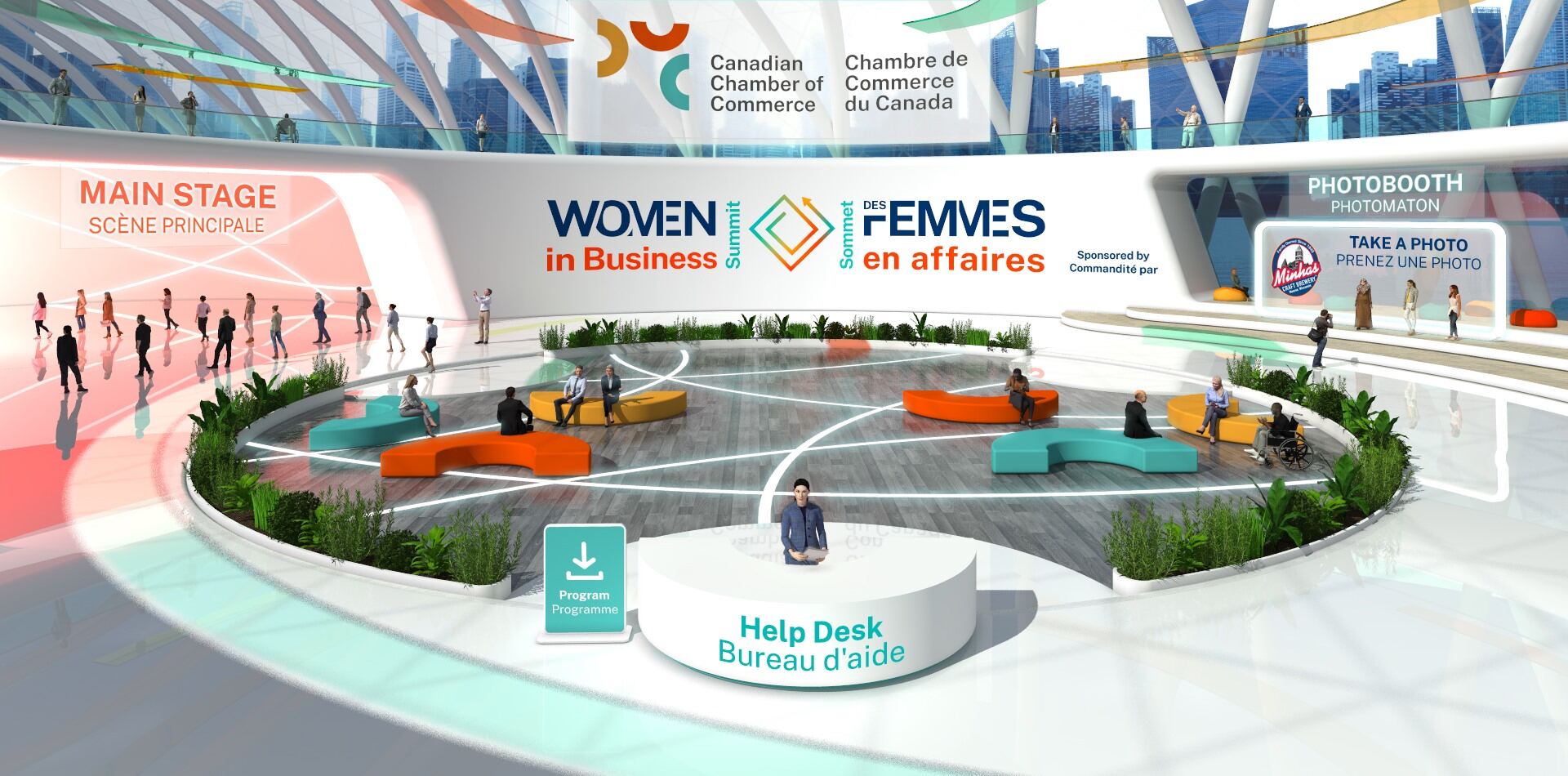 Virtual conference lobby for Women in Business Summit with help desk, main stage, photobooth, and people interacting.