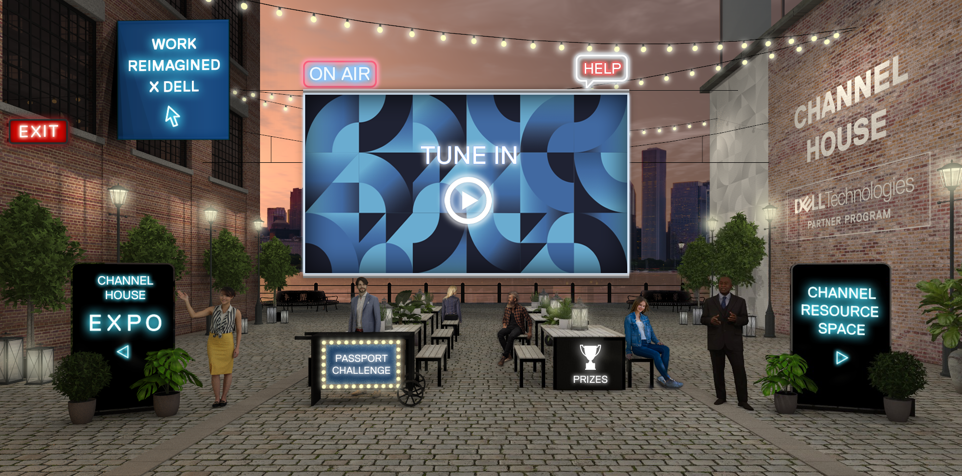 Evening outdoor event space with brick walls, string lights, tables with people, and illuminated signs reading Work Reimagined X Dell, Channel House Expo, Passport Challenge, Prizes, Channel Resource Space, and a large screen showing Tune In with play button.