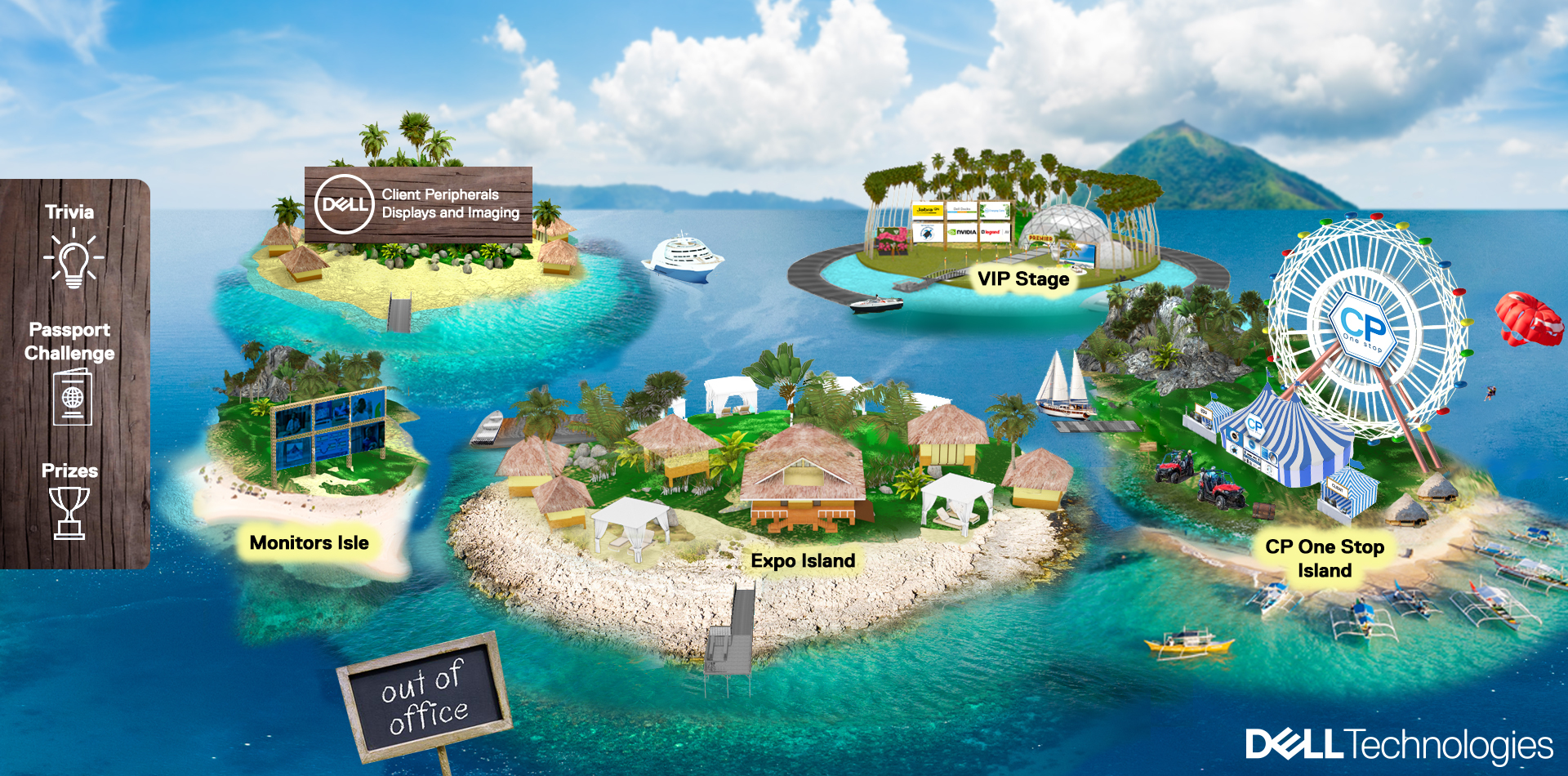 Illustration of a tropical island resort with labeled areas: Monitors Isle with large screens, Expo Island with huts and pavilions, VIP Stage on a separate island with branded sponsor signs, and CP One Stop Island with a large Ferris wheel, tents, boats, and outdoor vehicles, under a partly cloudy sky over blue ocean water.
