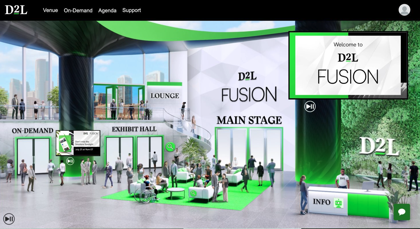 Virtual event lobby for D2L Fusion featuring sections for On-Demand, Exhibit Hall, Lounge, and Main Stage with people interacting and greenery accents.