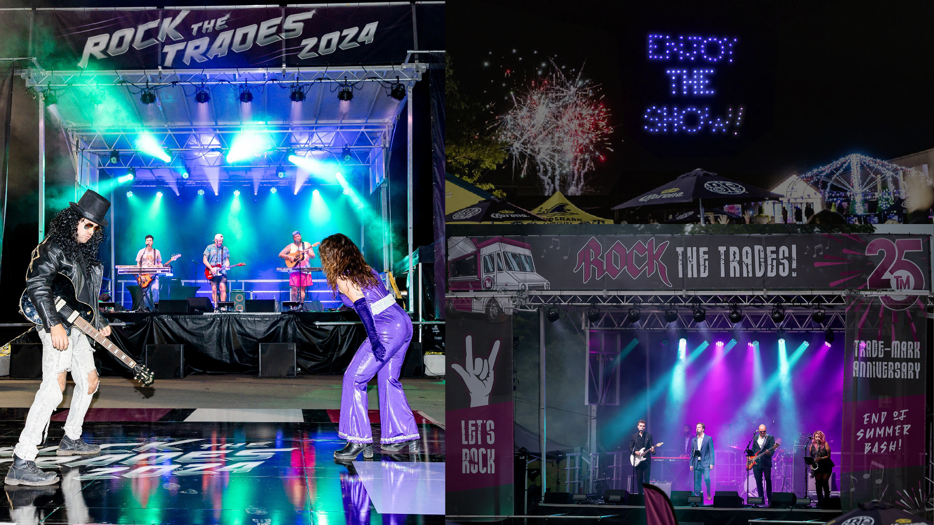 A collage of live outdoor entertainment, including a rock band preforming under stage lights.