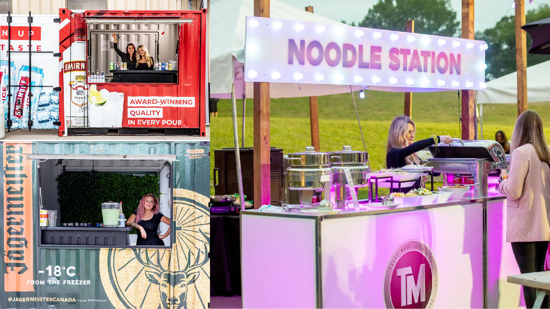 A collage of food and drink stations, including a Smirnoff station in a red container, a Jägermeister station in a green container, and an outdoor noodle station with an illuminated sign.
