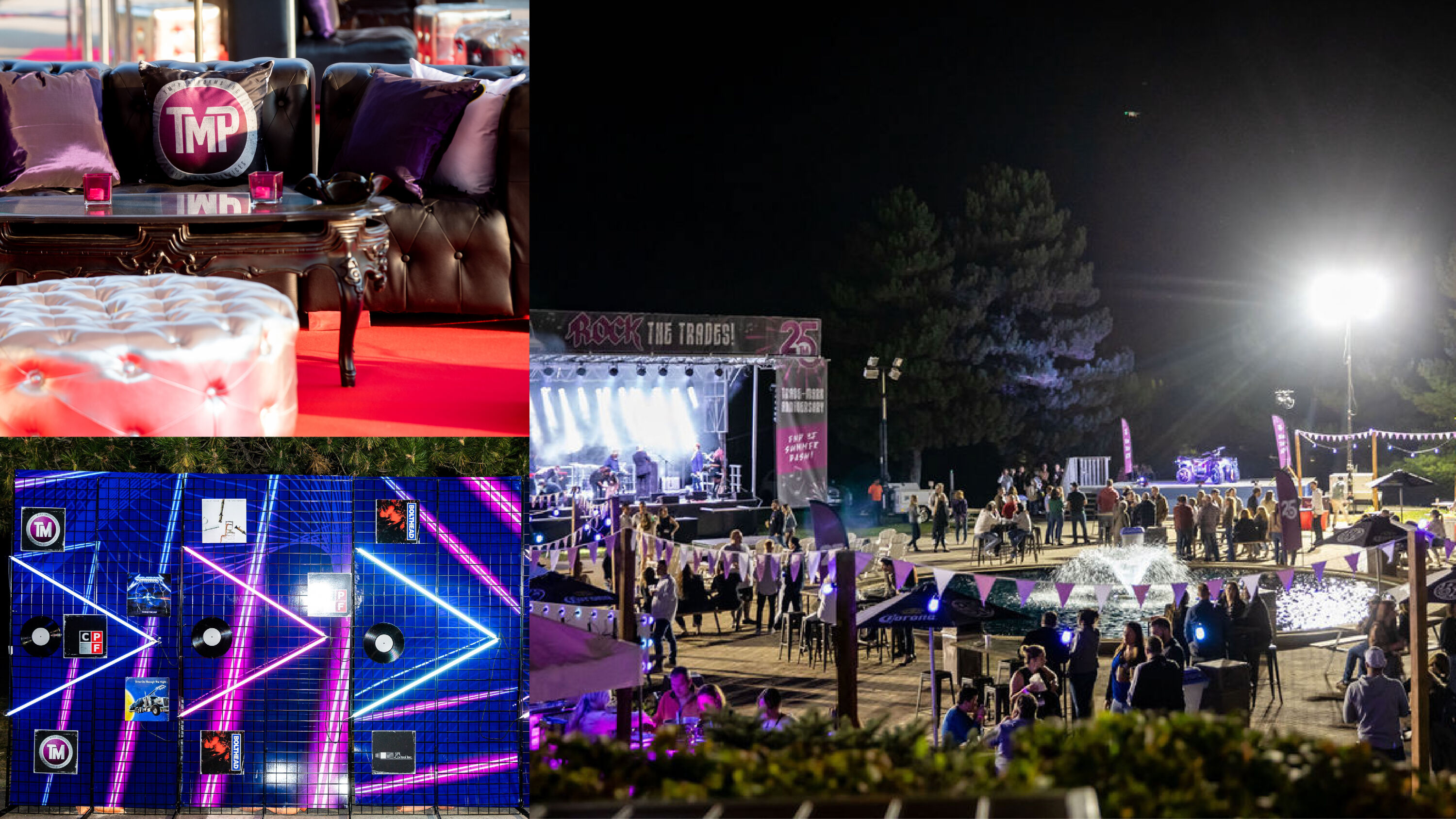 A collage of a live concert with many attendees and furniture decor.