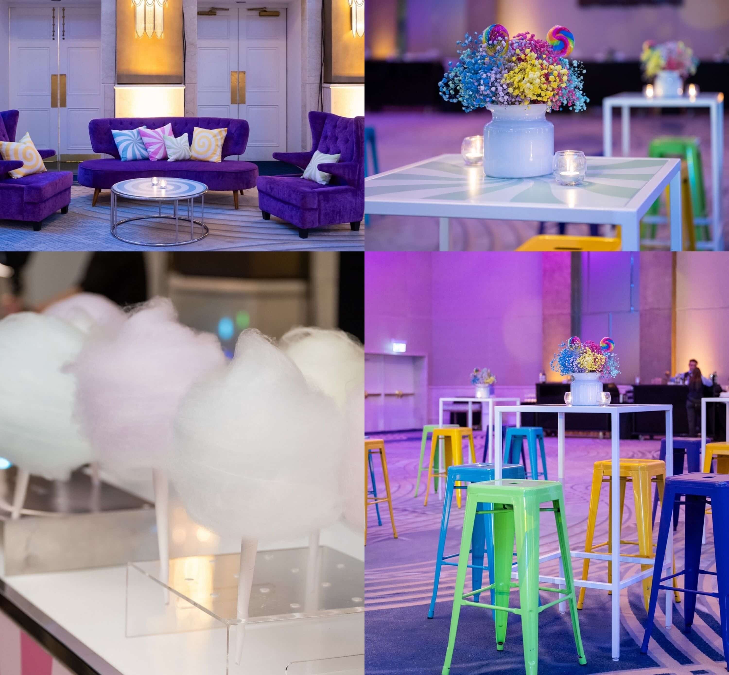 purple themed event decor by TK Events team