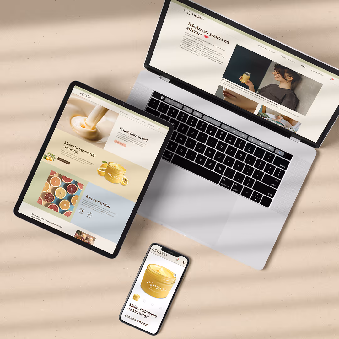 Website of Mi Melao displayed on a desktop, tablet and phone