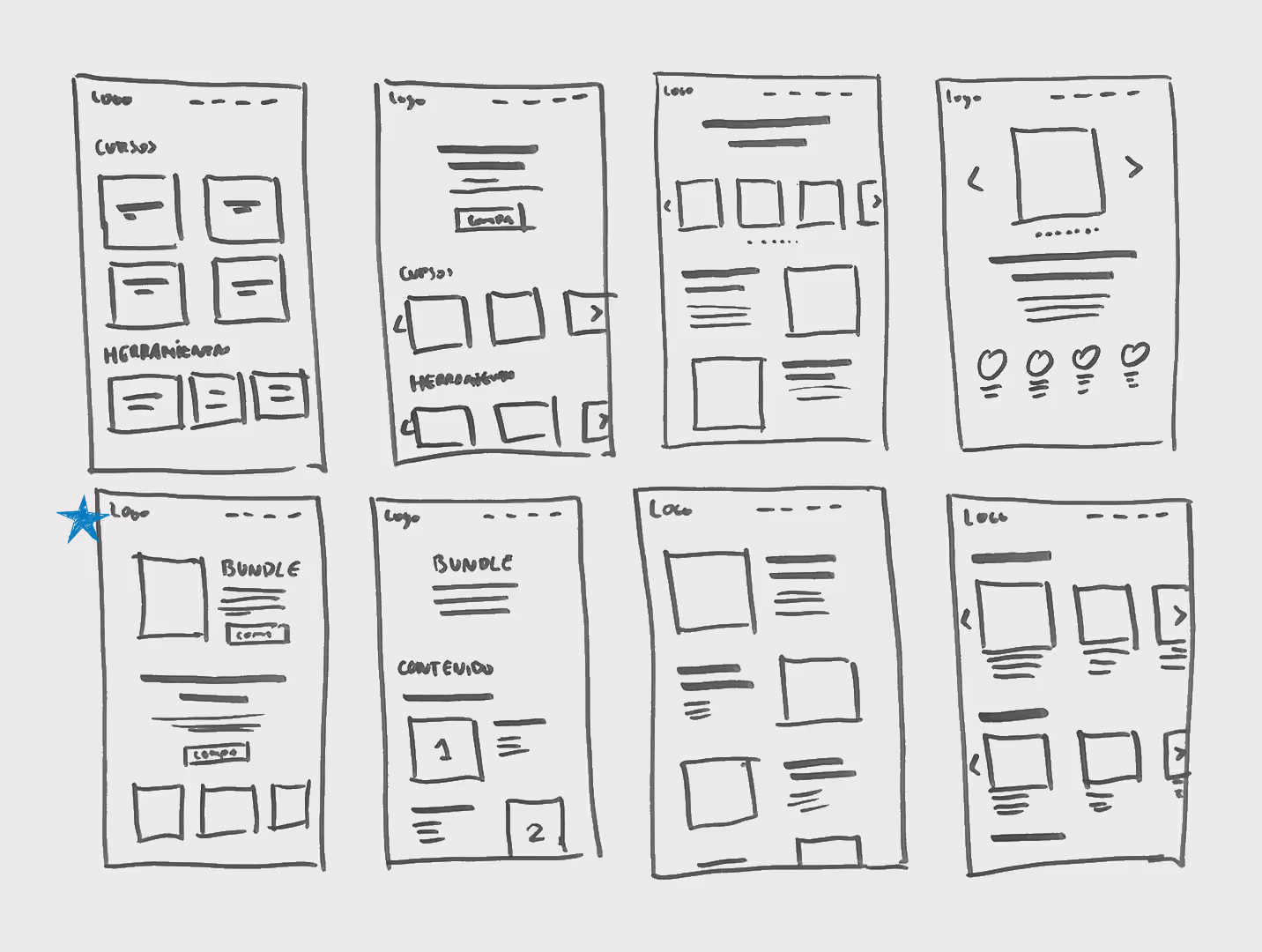 Hand-drawn wireframe sketches showing eight different website layout concepts with logos, text blocks, image placeholders, and navigation elements.