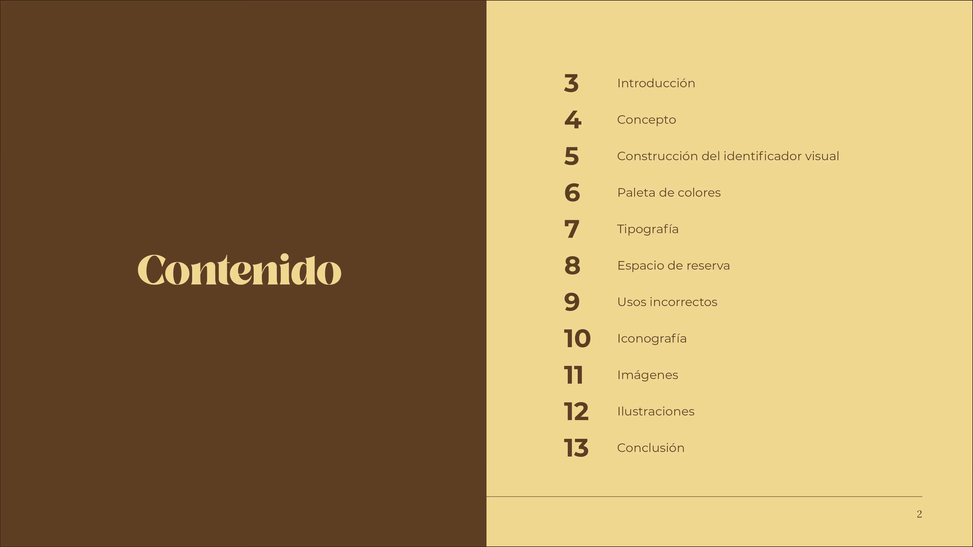 Table of contents page with a brown left side showing the word 'Contenido' and a beige right side listing sections from introduction to conclusion with page numbers 3 to 13.
