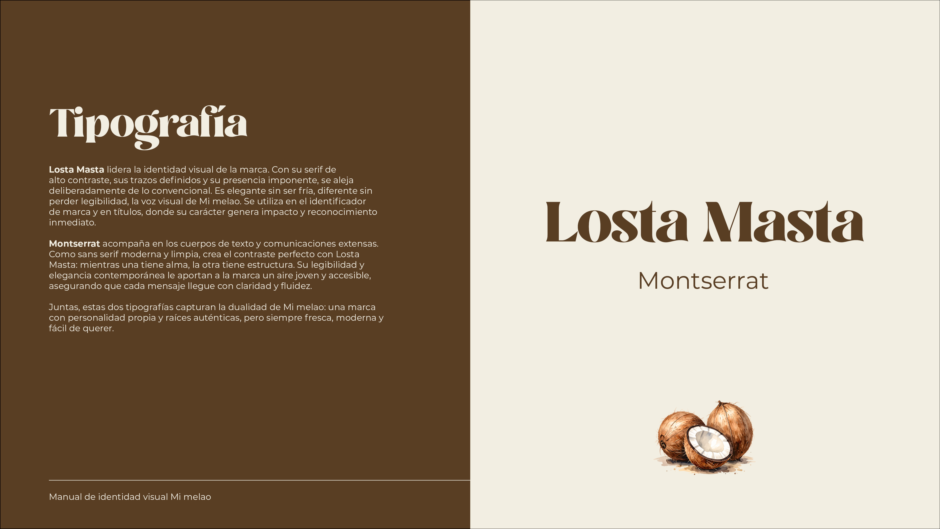 Typography guide showing fonts Losta Masta and Montserrat with a coconut illustration on a beige and brown background.