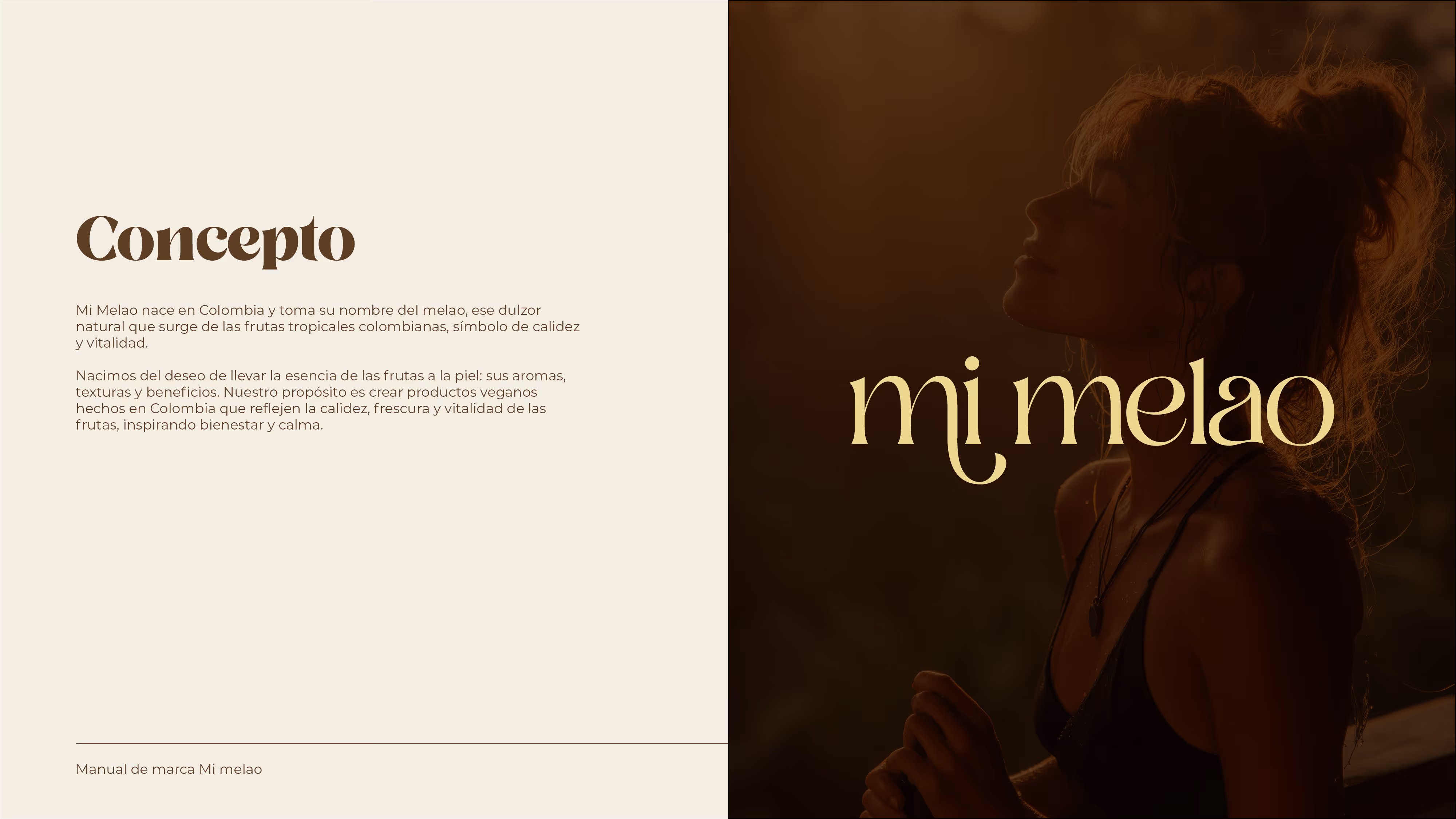 Split screen with 'Concepto' text describing Mi Melao's origin from Colombian tropical fruit sweetness on left, and silhouette of woman with 'mi melao' logo on right.