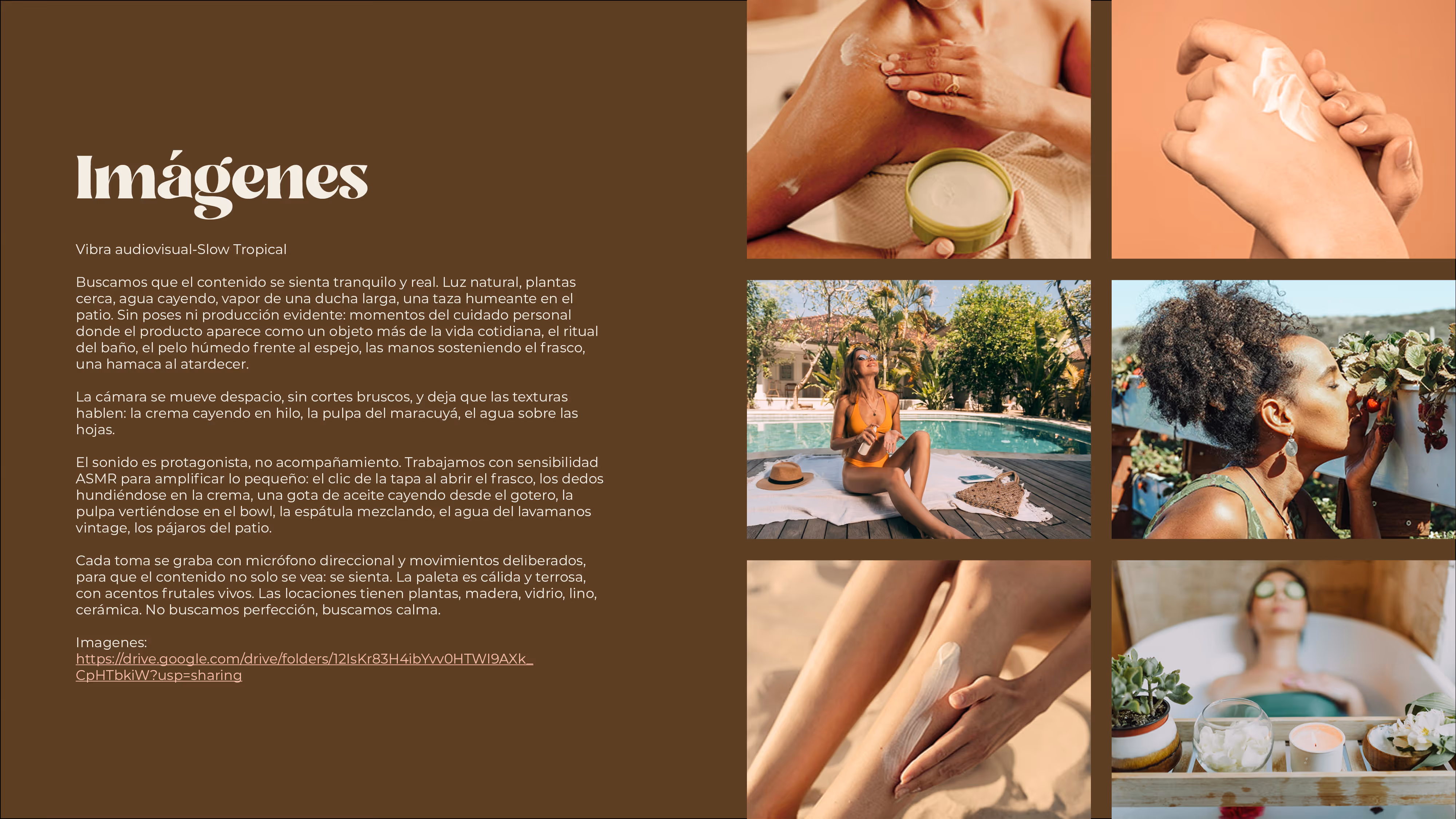 Collage with six photos showing personal care and relaxation: applying body cream, a woman sunbathing by a pool, a woman smelling strawberries, applying cream to legs, and a woman relaxing in a bathtub with candles and plants.