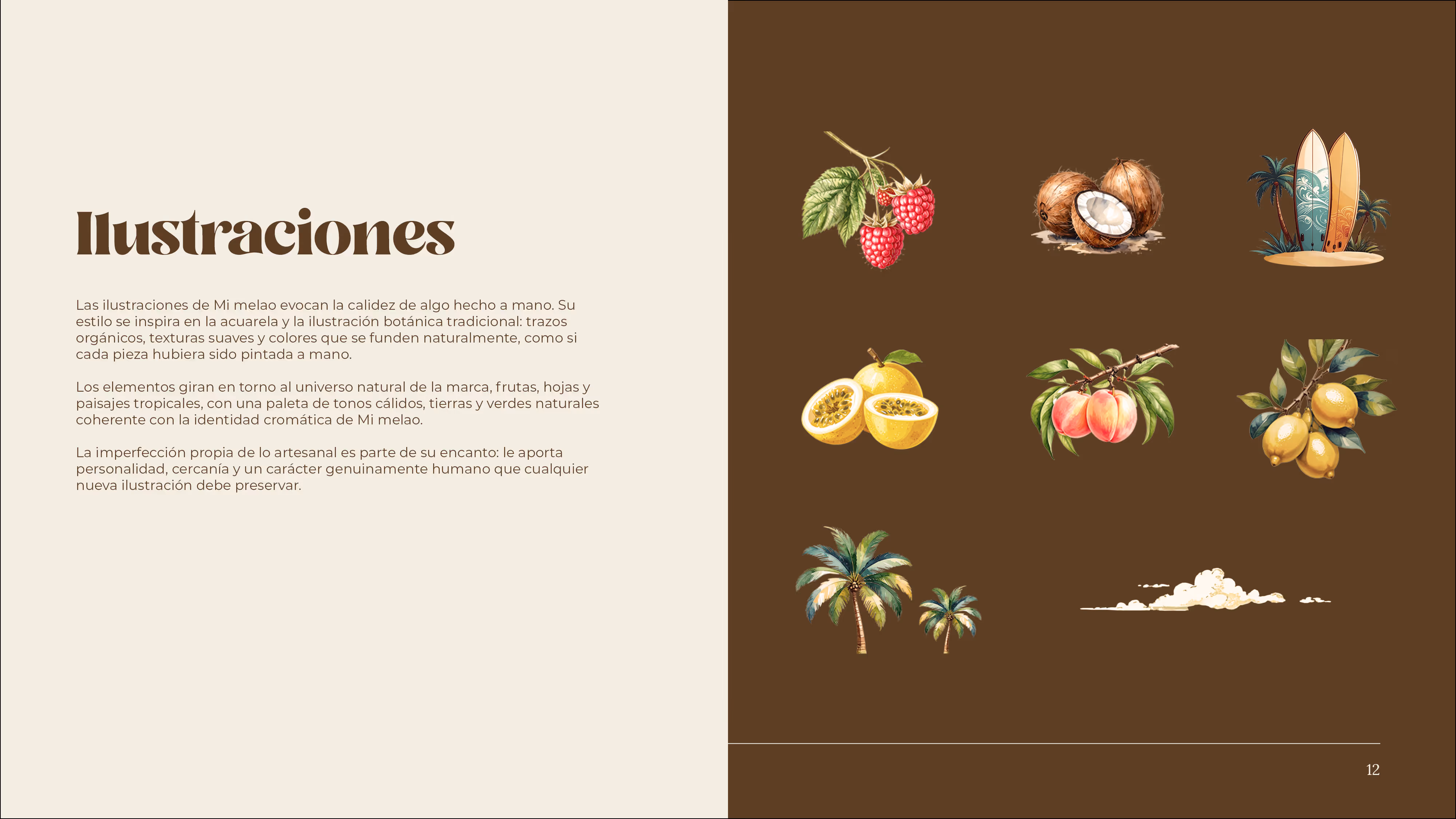 Left side text describing Mi Melao's handcrafted-style illustrations inspired by watercolor and traditional botanical drawings; right side features illustrations of raspberries, coconuts, surfboards with palm trees, passion fruit, peaches, lemons, palm trees, and clouds on a brown background.