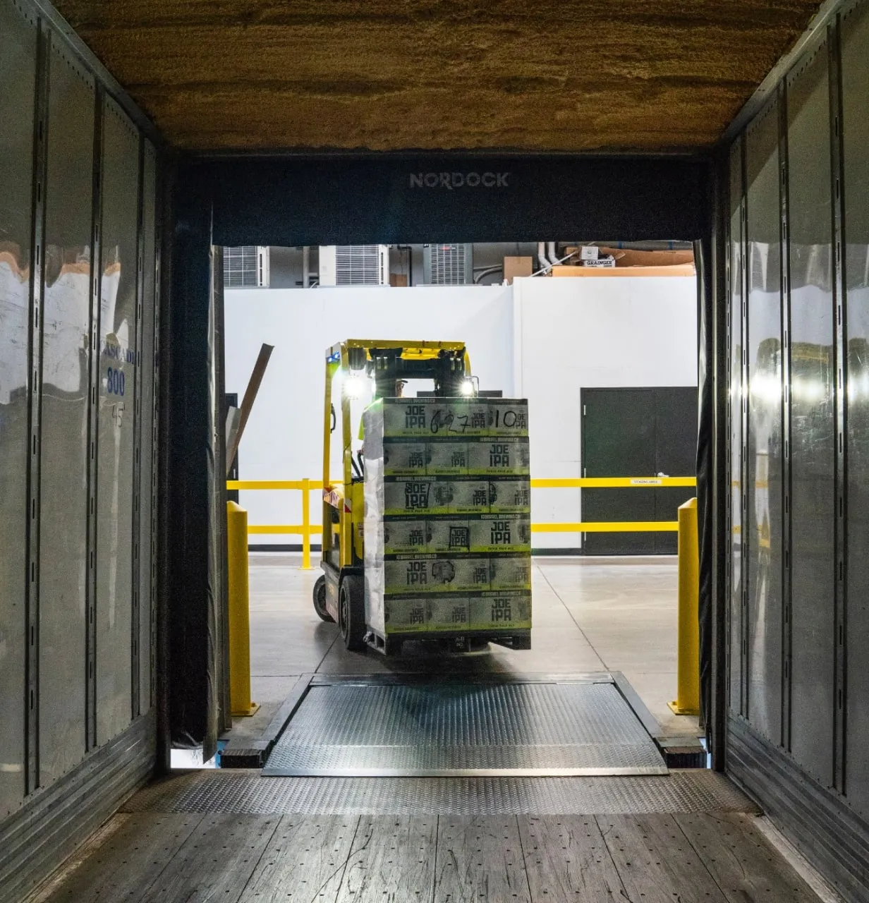 Forklift is carrying boxes