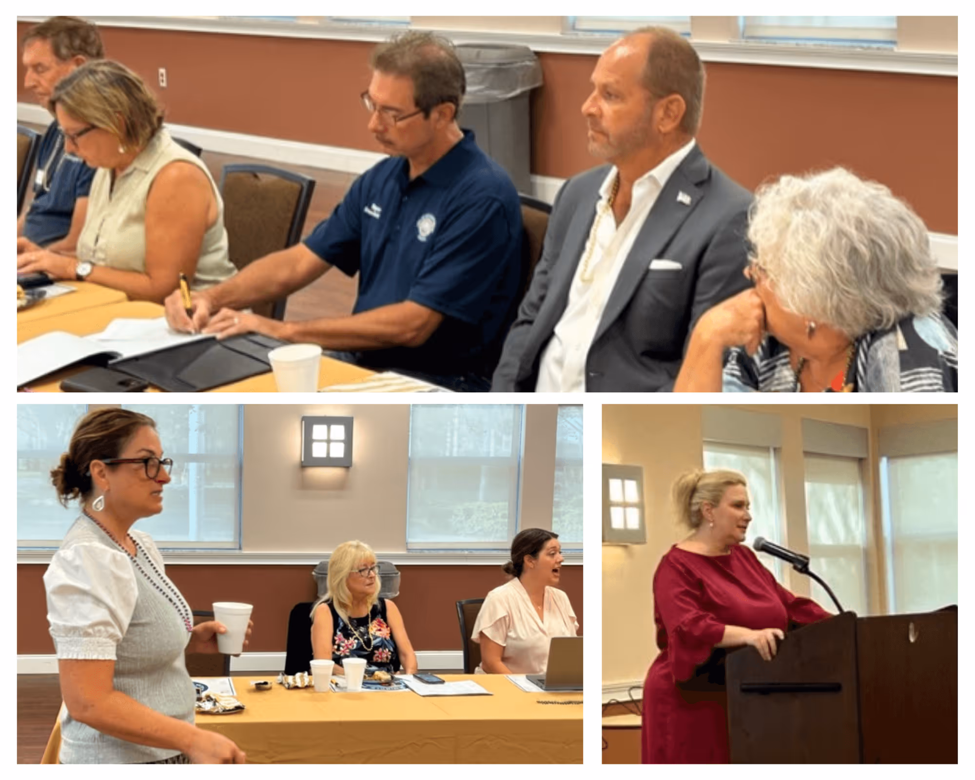 Collage of three photos showing a group of people in a meeting room: the top image features five adults seated at a table, two men and three women, focused on paperwork; the bottom left image shows three women, one standing holding a cup and two seated at a table; the bottom right image features a woman in a red dress speaking into a microphone behind a podium.