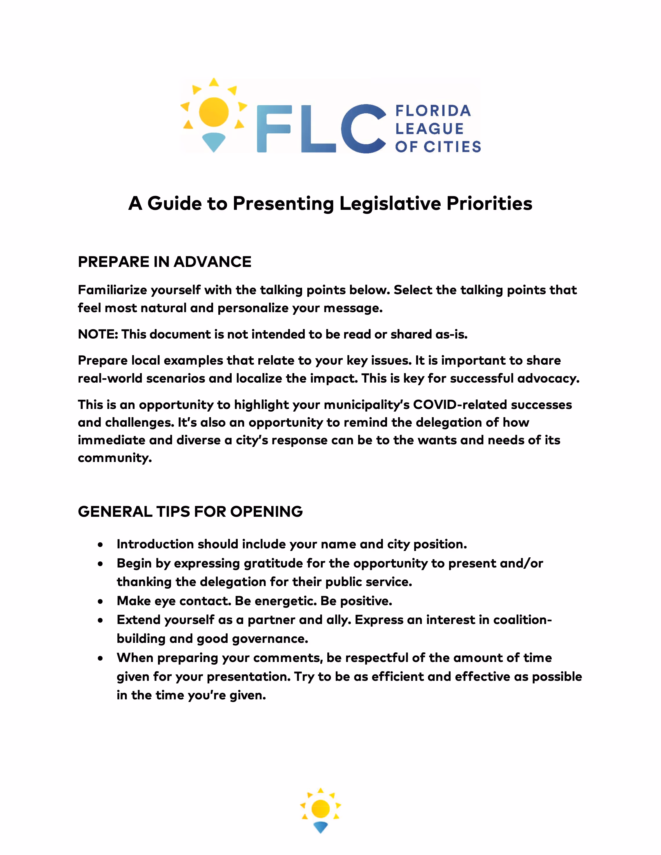 Florida League of Cities guide on presenting legislative priorities, including tips on preparing in advance and general tips for opening presentations.