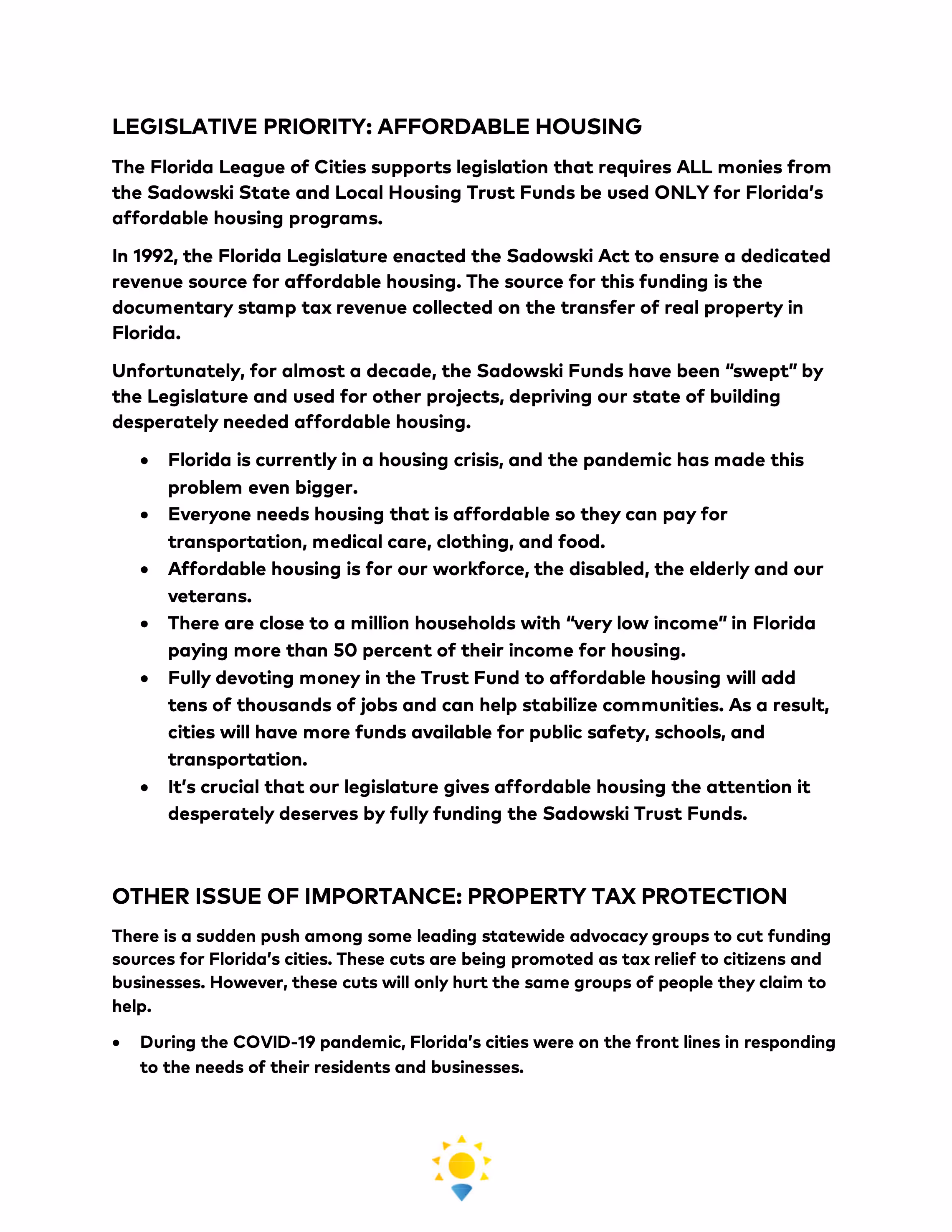 Text document outlining Florida League of Cities' legislative priorities including protecting Sadowski Trust Funds for affordable housing and opposing property tax funding cuts, emphasizing housing crisis impact and COVID-19 response.