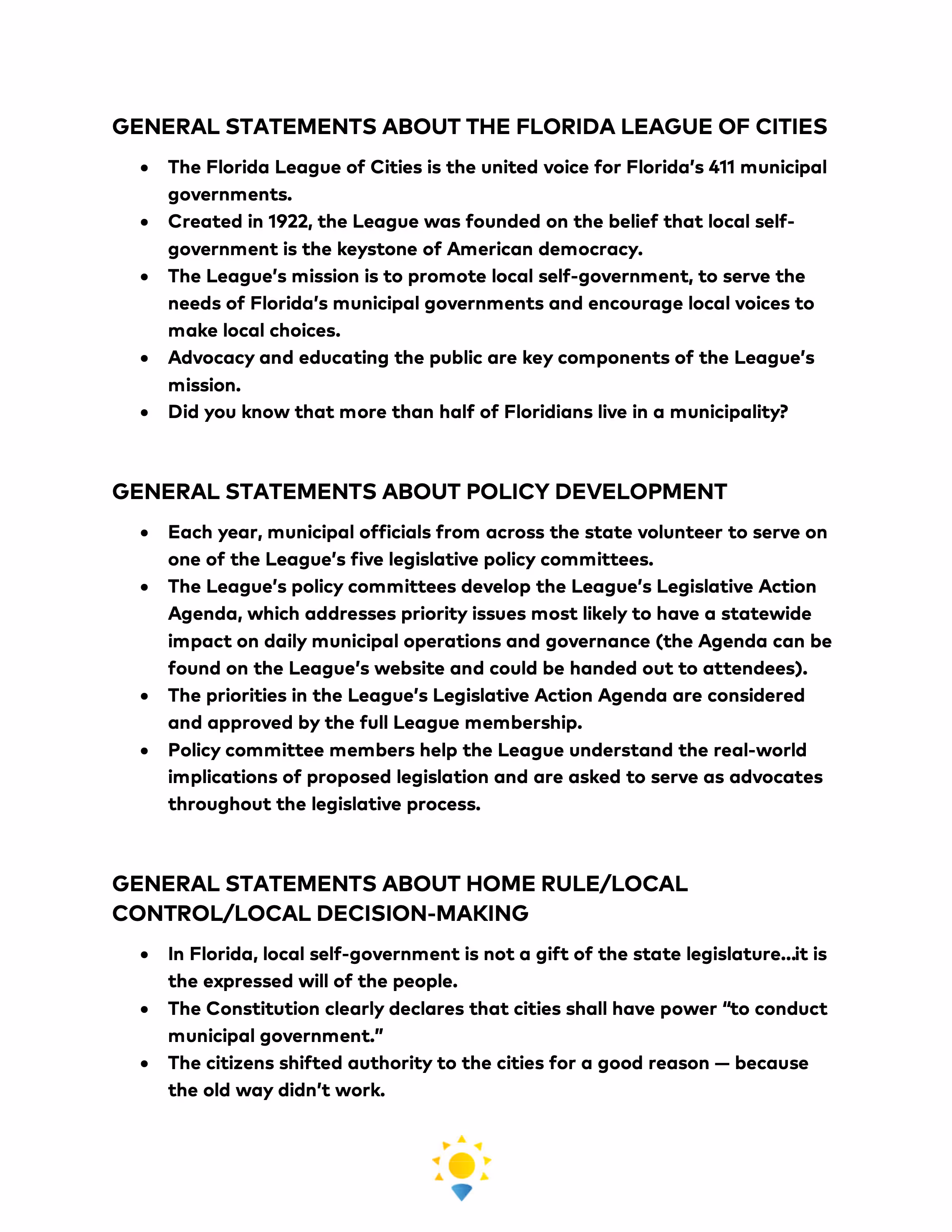 Text document outlining general statements about the Florida League of Cities, policy development, and home rule/local control, emphasizing the League’s role, policy committees, and local self-government power in Florida.