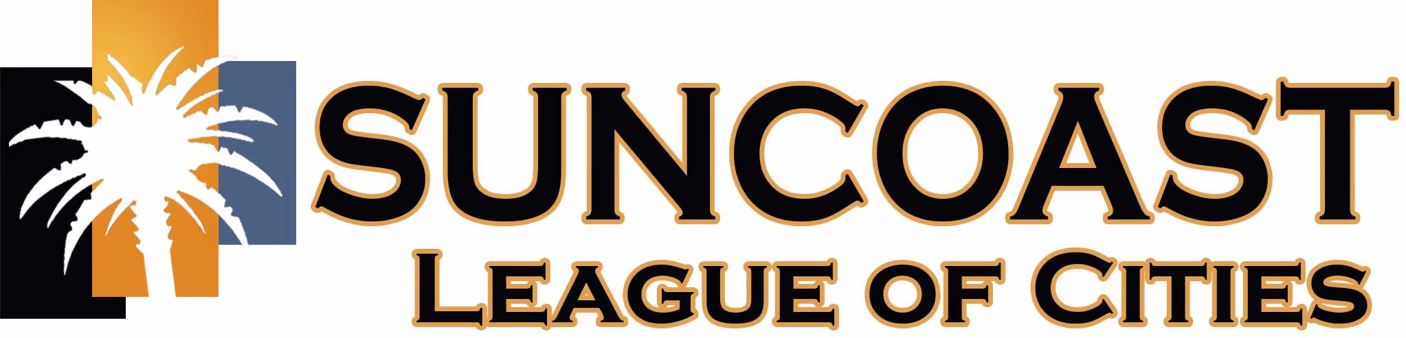 Suncoast League of Cities logo with a stylized white palm tree over black, orange, and blue rectangles and bold black and orange text.