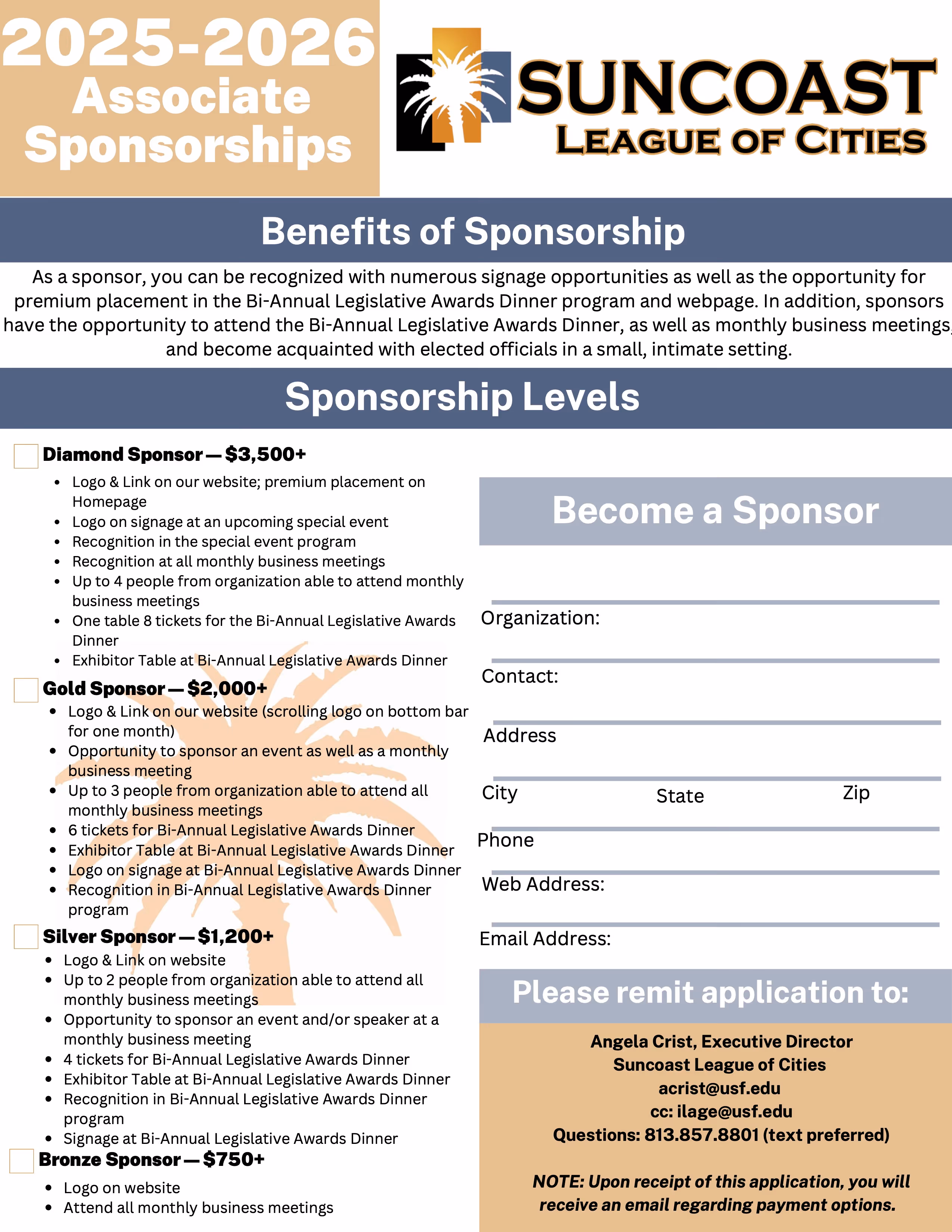 Suncoast League of Cities 2025-2026 Associate Sponsorships flyer detailing benefits, sponsorship levels from Diamond $3,500+ to Bronze $750+, and a sponsor application form.