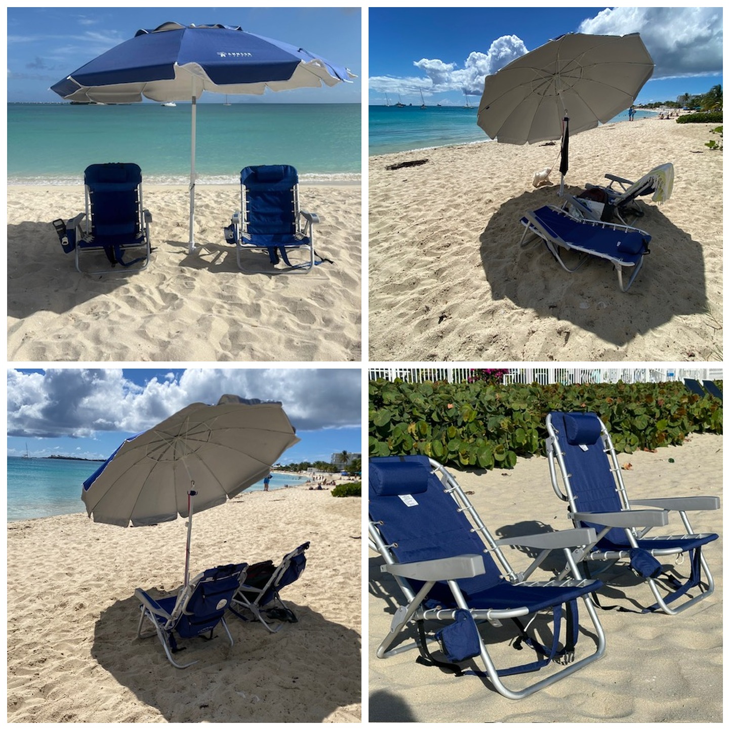 Reclining beach chairs and UV50+ umbrella for rent in St. Maarten