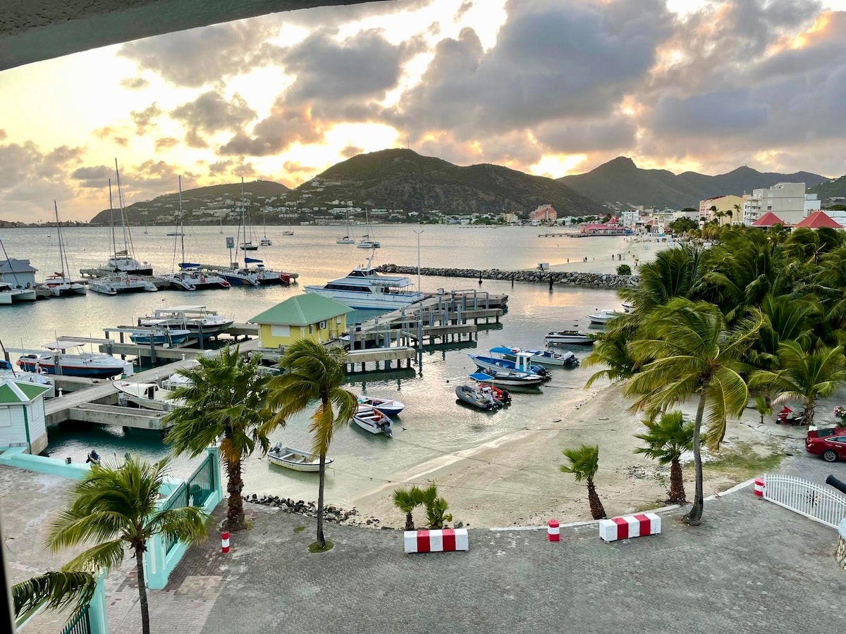 Sunset over the marina from the balcony