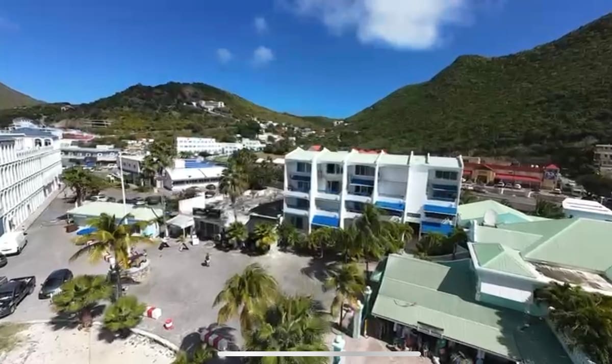 The building with the island's green hills behind