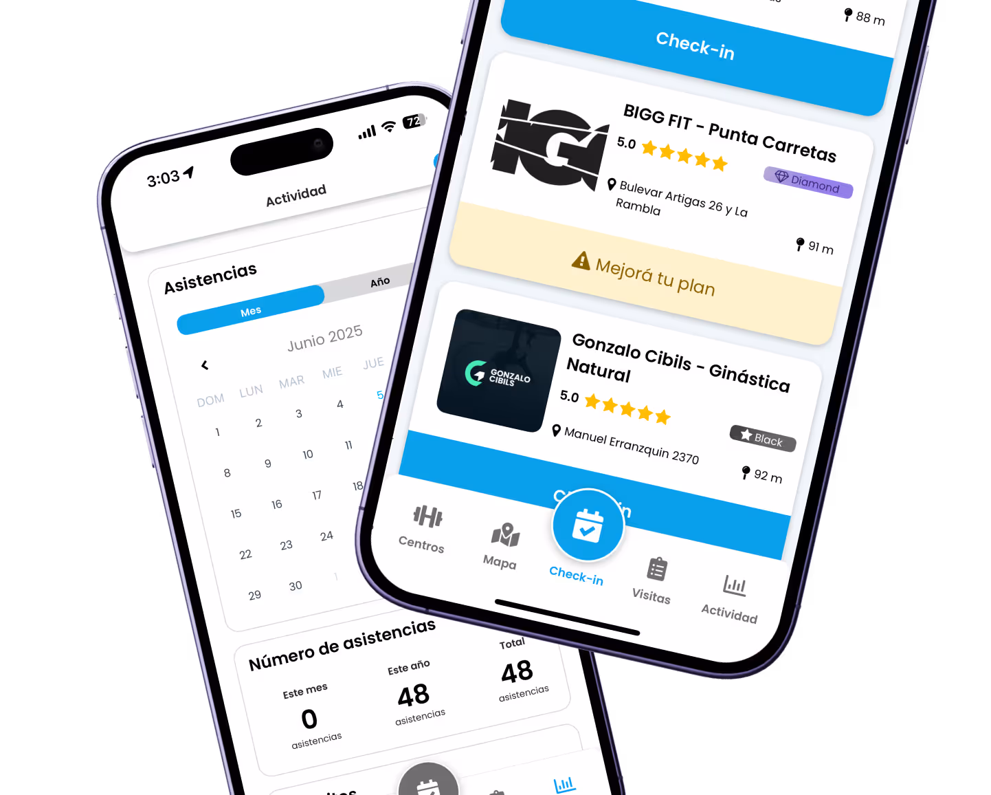 Telefonos mostrando interfaces del inicio y el modo "check-in" de la app de paselibre