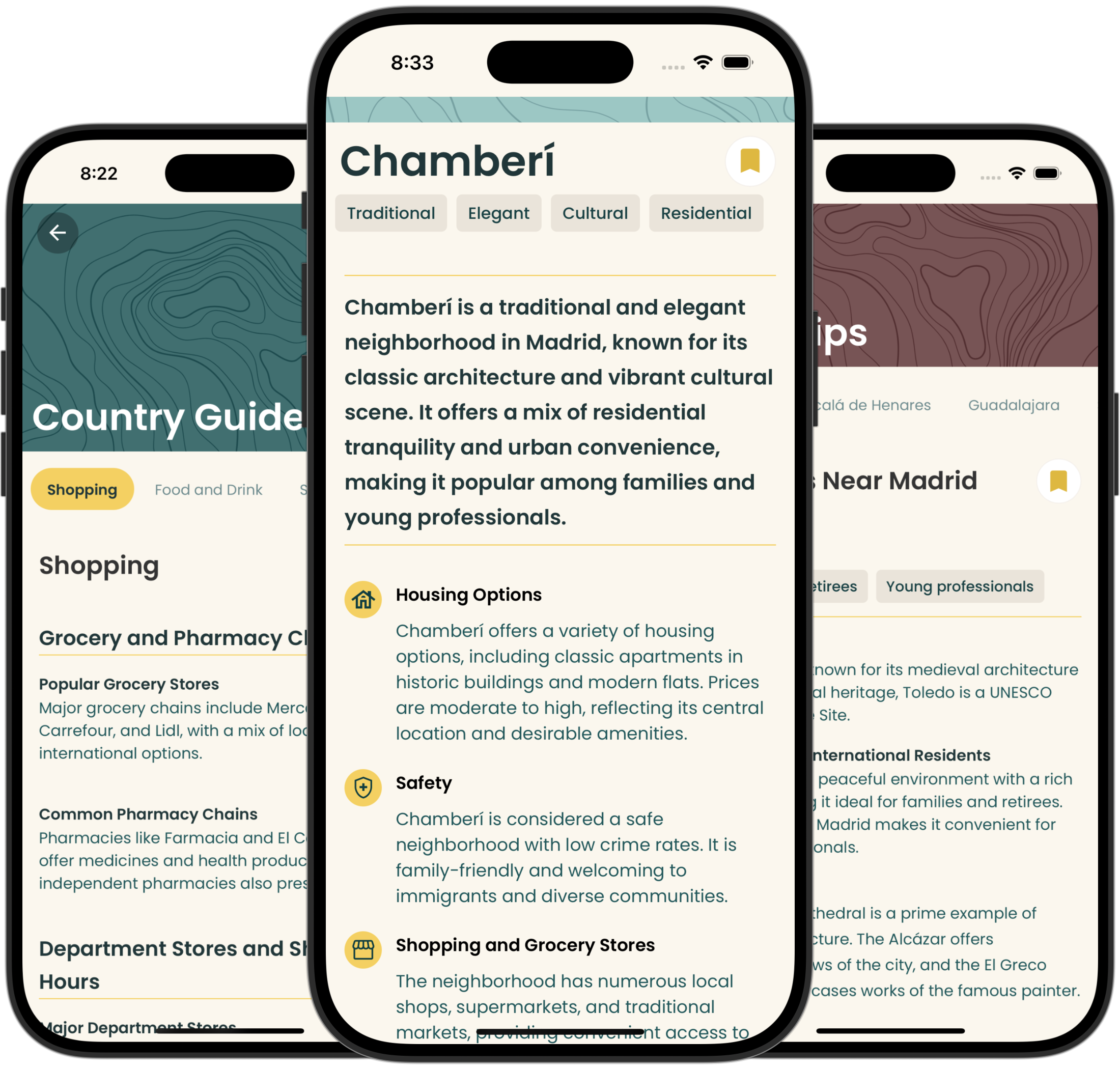 Images of a phone showing the guides page of the product.