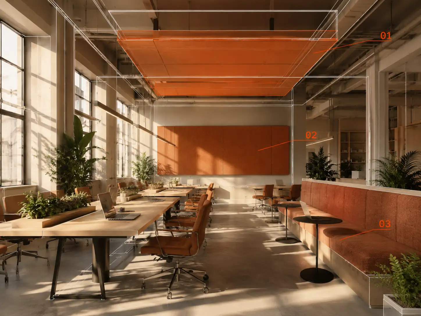 Office interior with acoustic panel placement on ceiling and walls, illustrating concrete first changes worth testing.