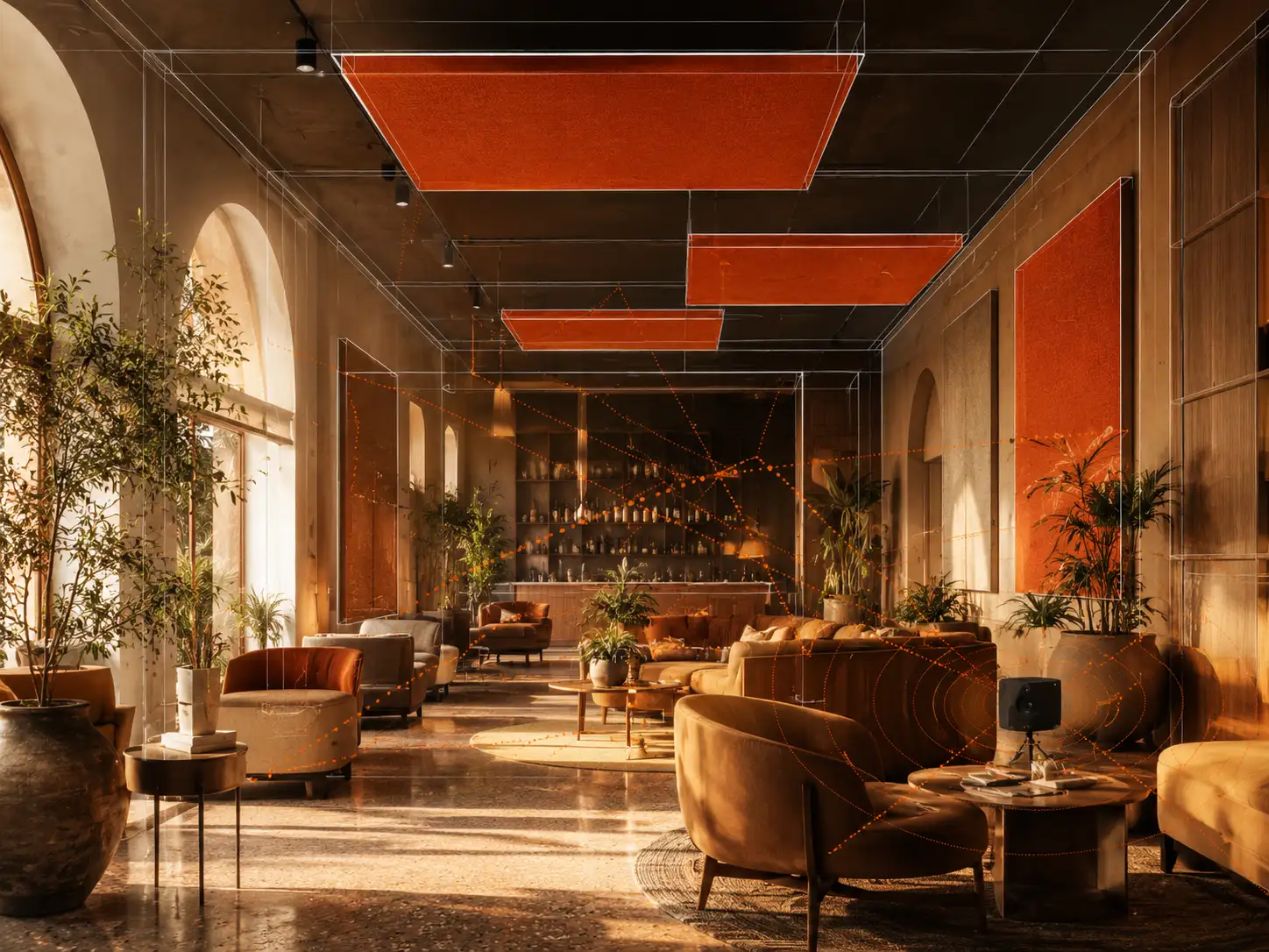 Acoustic treatment in a bar or hospitality interior, illustrating the reverberation-shaping surfaces that drive an RT60 reading.