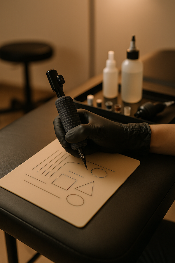 Hand wearing a black glove holding a tattoo machine and drawing geometric shapes on a practice skin sheet.