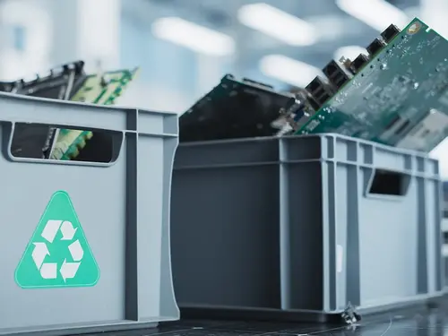 Dozen met gesorteerde computeronderdelen, klaar voor circulaire verwerking
